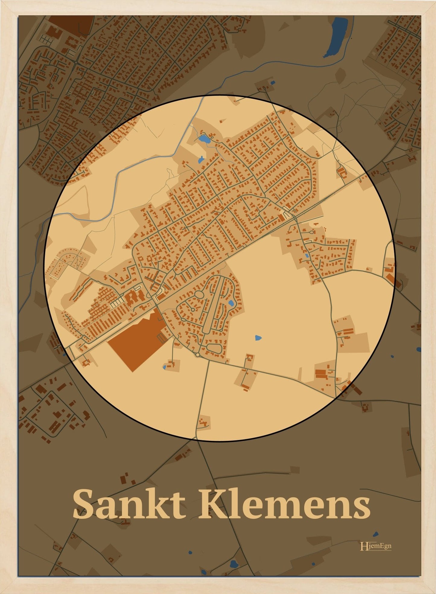 Sankt Klemens plakat i farve pastel brun og HjemEgn.dk design centrum. Design bykort for Sankt Klemens