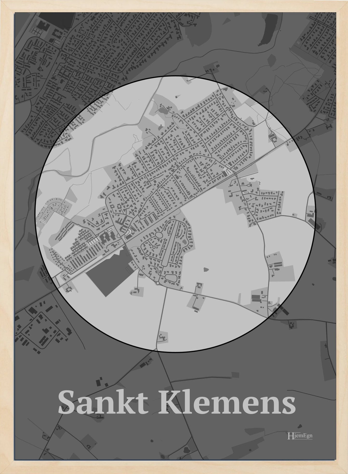 Sankt Klemens plakat i farve pastel grå og HjemEgn.dk design centrum. Design bykort for Sankt Klemens