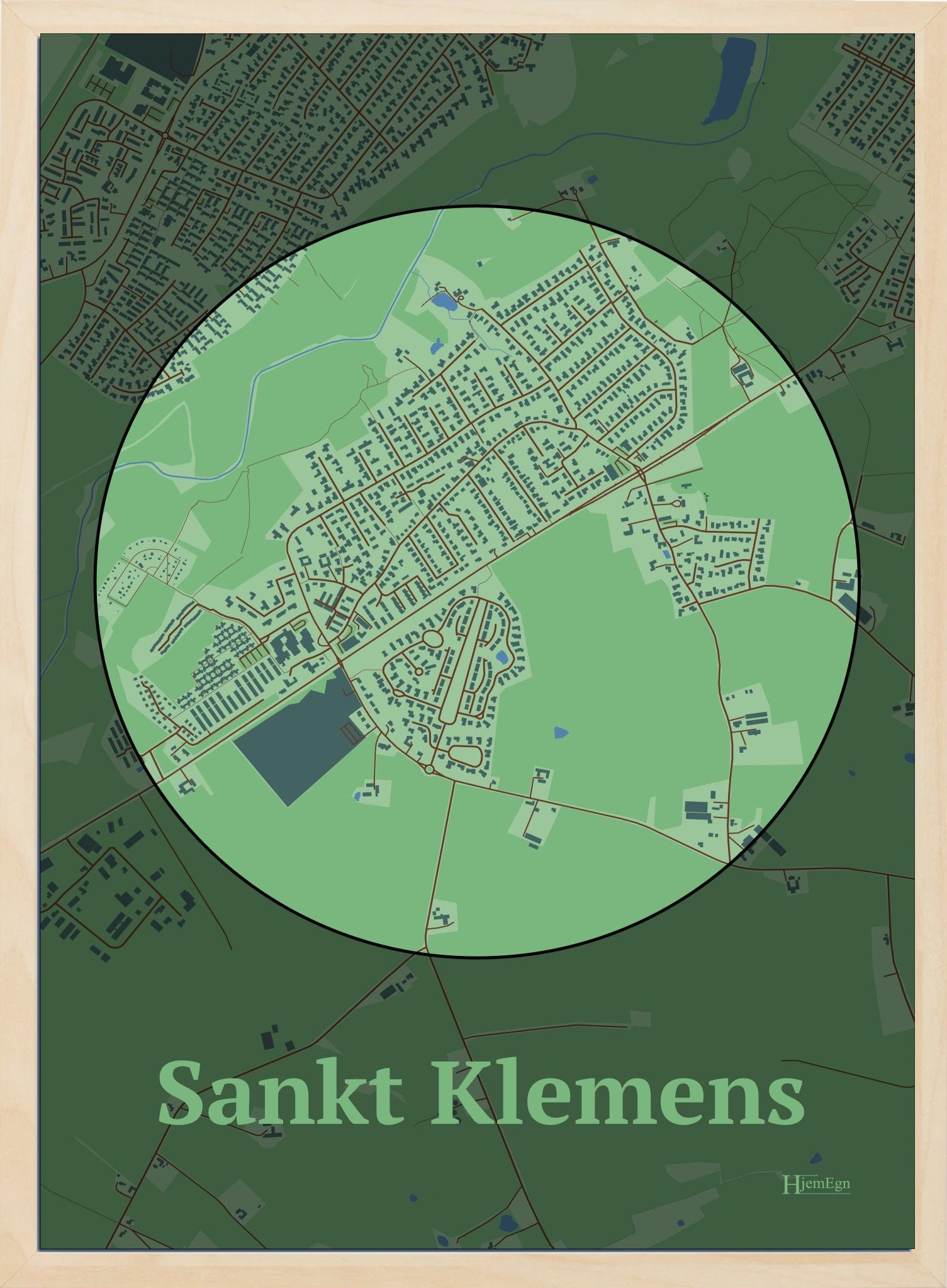 Sankt Klemens plakat i farve pastel grøn og HjemEgn.dk design centrum. Design bykort for Sankt Klemens