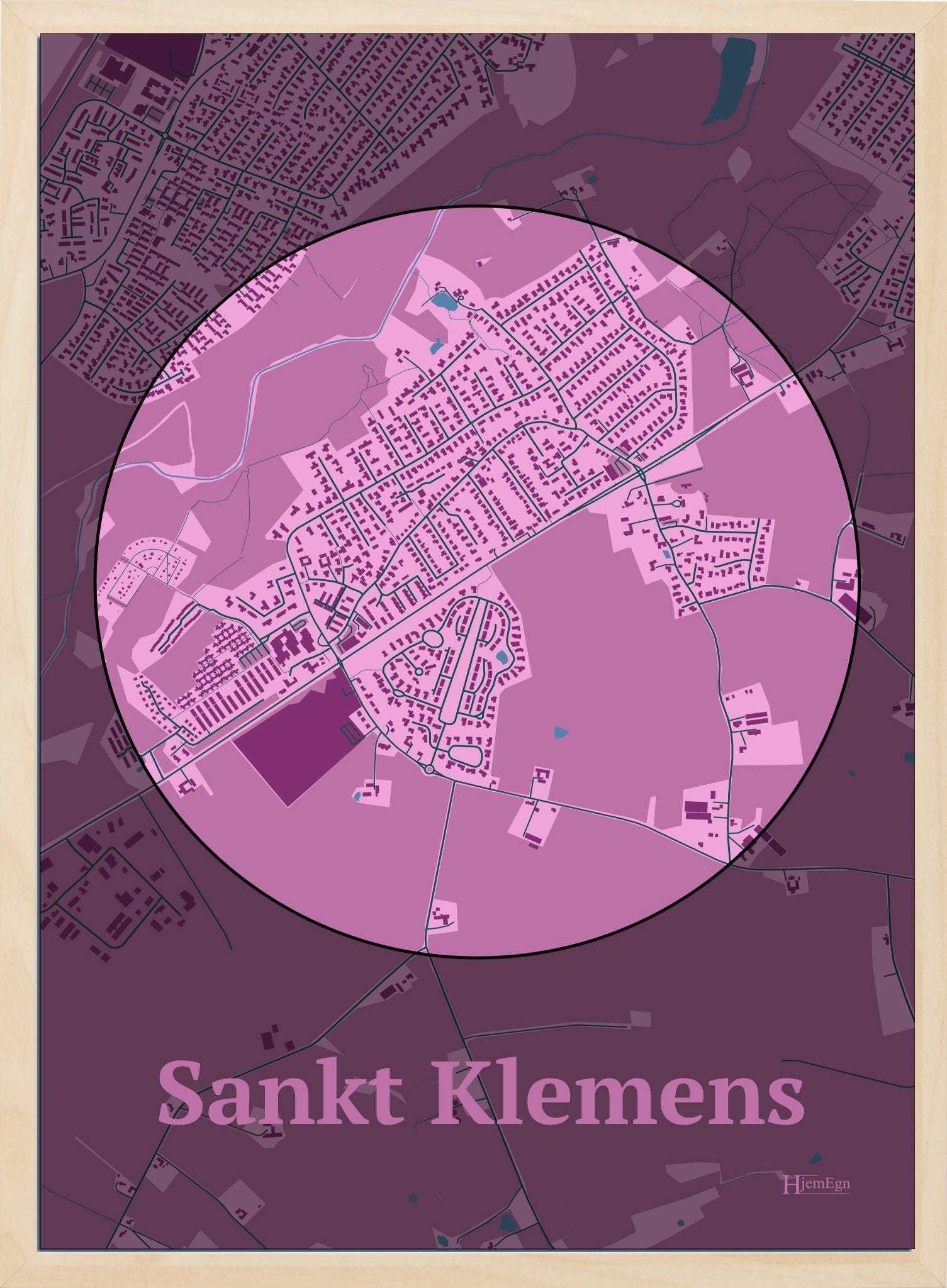 Sankt Klemens plakat i farve pastel rød og HjemEgn.dk design centrum. Design bykort for Sankt Klemens