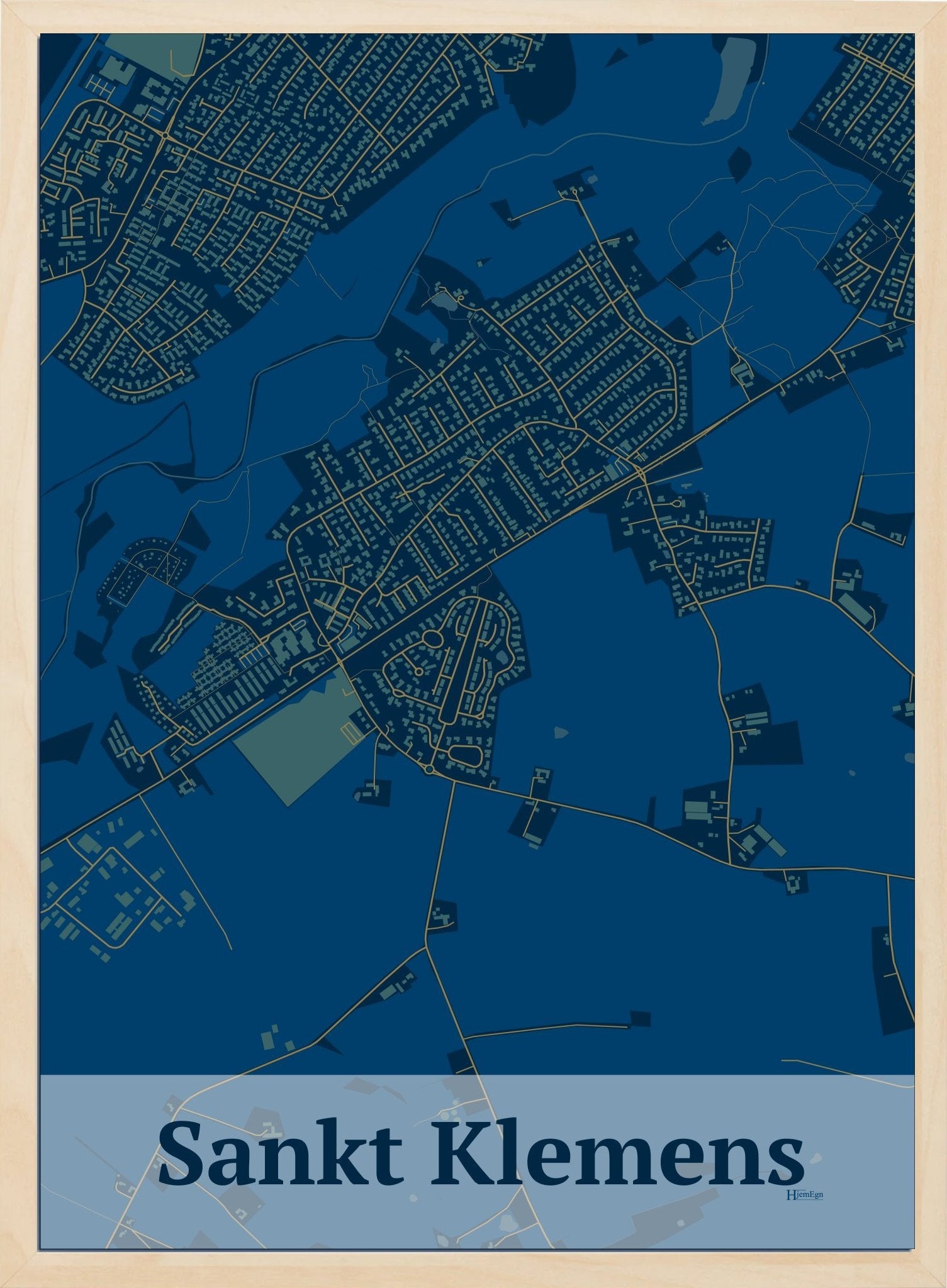 Sankt Klemens plakat i farve mørk blå og HjemEgn.dk design firkantet. Design bykort for Sankt Klemens