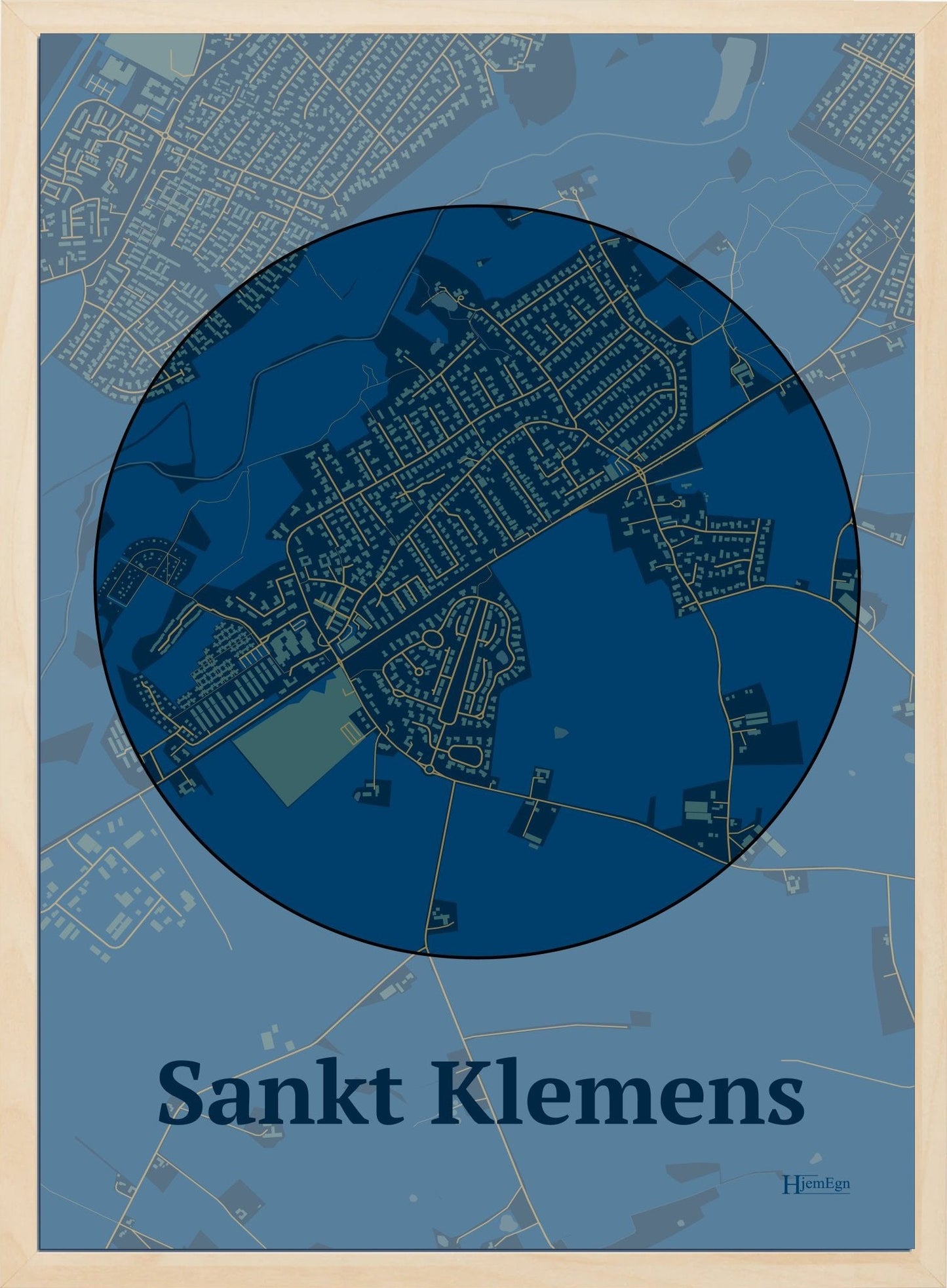 Sankt Klemens plakat i farve mørk blå og HjemEgn.dk design centrum. Design bykort for Sankt Klemens