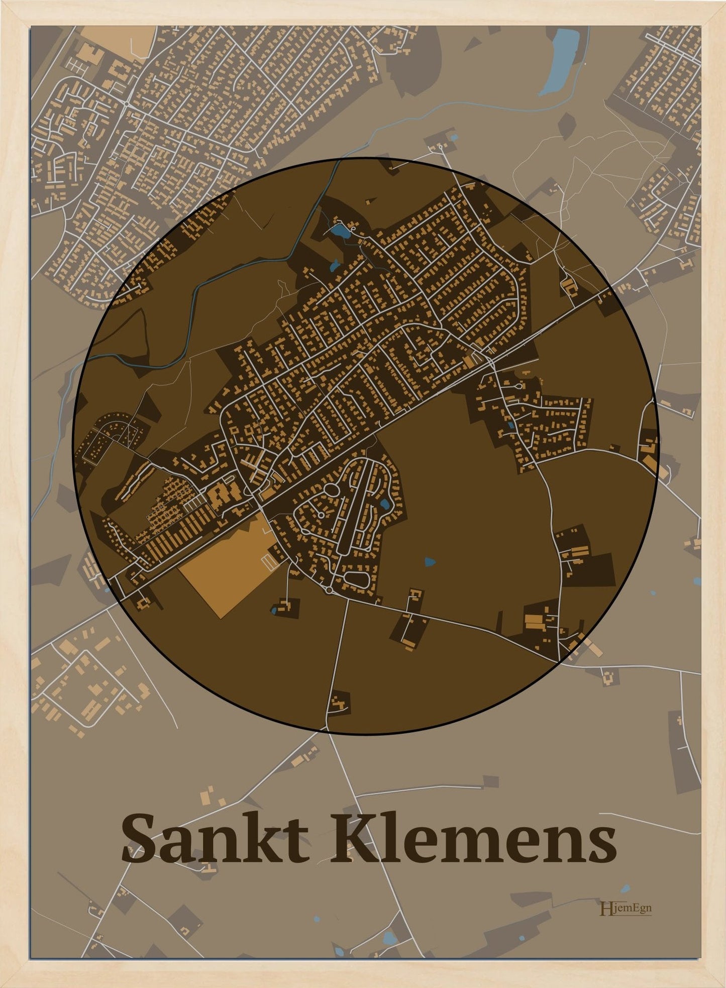 Sankt Klemens plakat i farve mørk brun og HjemEgn.dk design centrum. Design bykort for Sankt Klemens