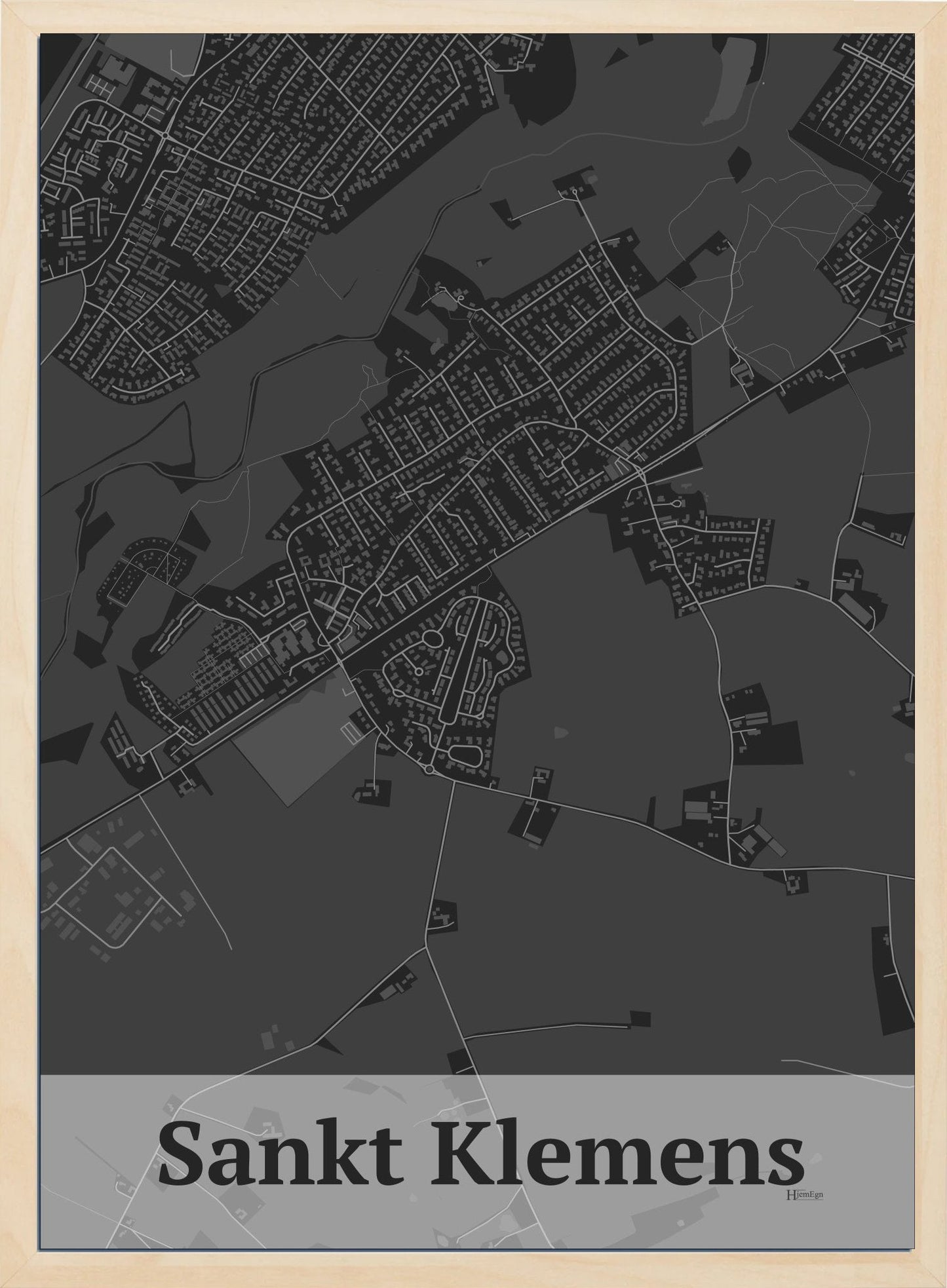 Sankt Klemens plakat i farve mørk grå og HjemEgn.dk design firkantet. Design bykort for Sankt Klemens