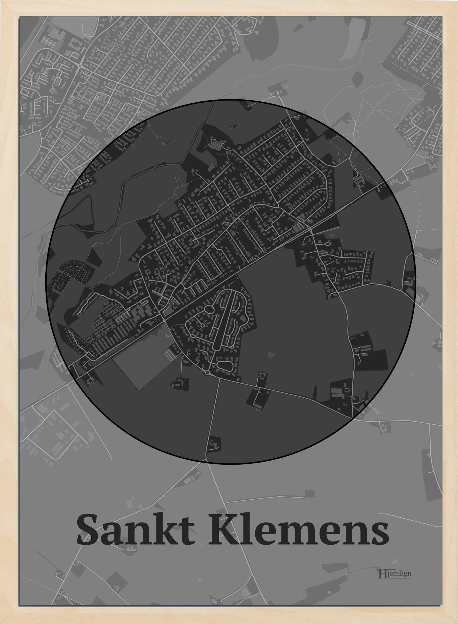Sankt Klemens plakat i farve mørk grå og HjemEgn.dk design centrum. Design bykort for Sankt Klemens