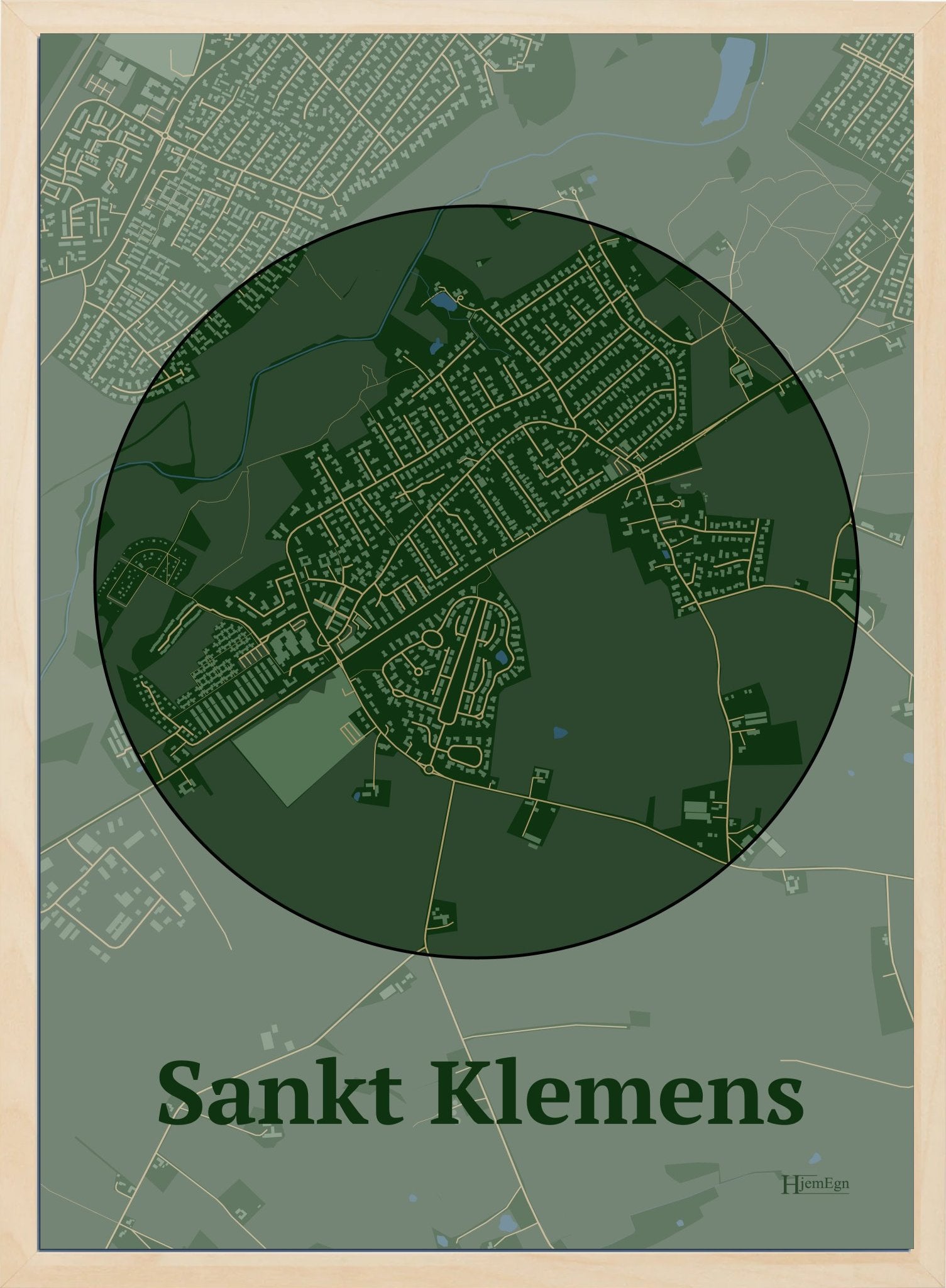 Sankt Klemens plakat i farve mørk grøn og HjemEgn.dk design centrum. Design bykort for Sankt Klemens