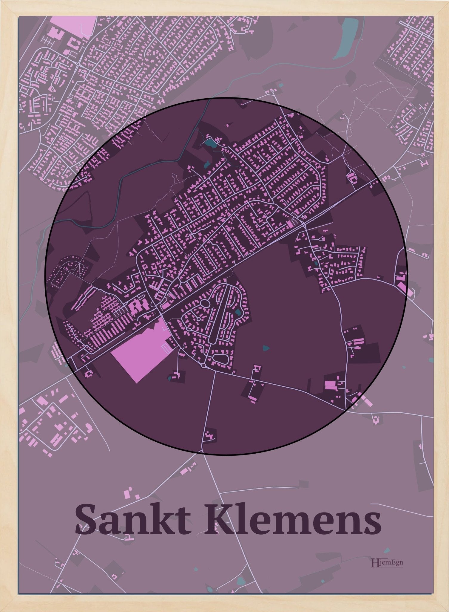 Sankt Klemens plakat i farve mørk rød og HjemEgn.dk design centrum. Design bykort for Sankt Klemens