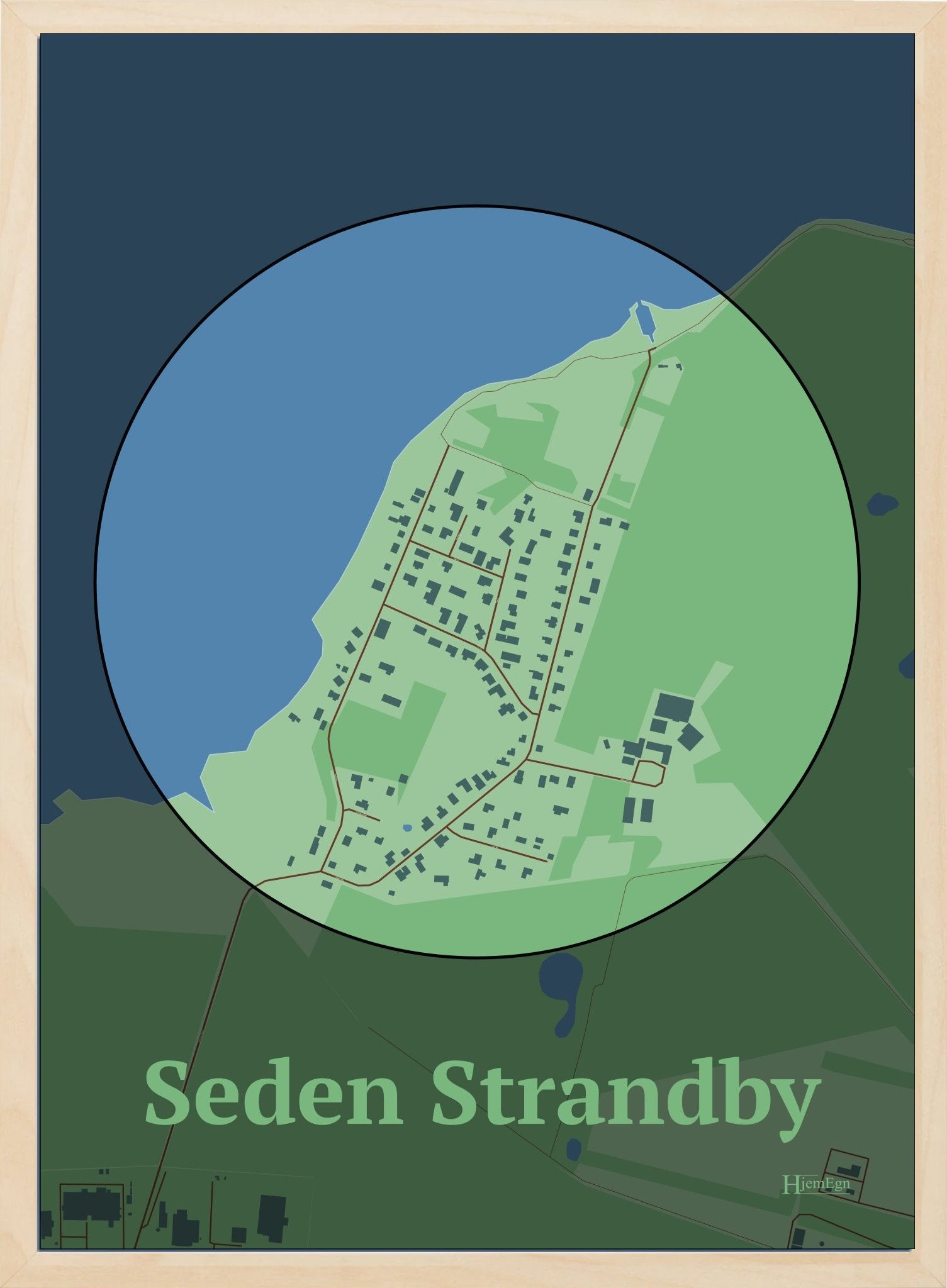 Seden Strandby plakat i farve pastel grøn og HjemEgn.dk design centrum. Design bykort for Seden Strandby
