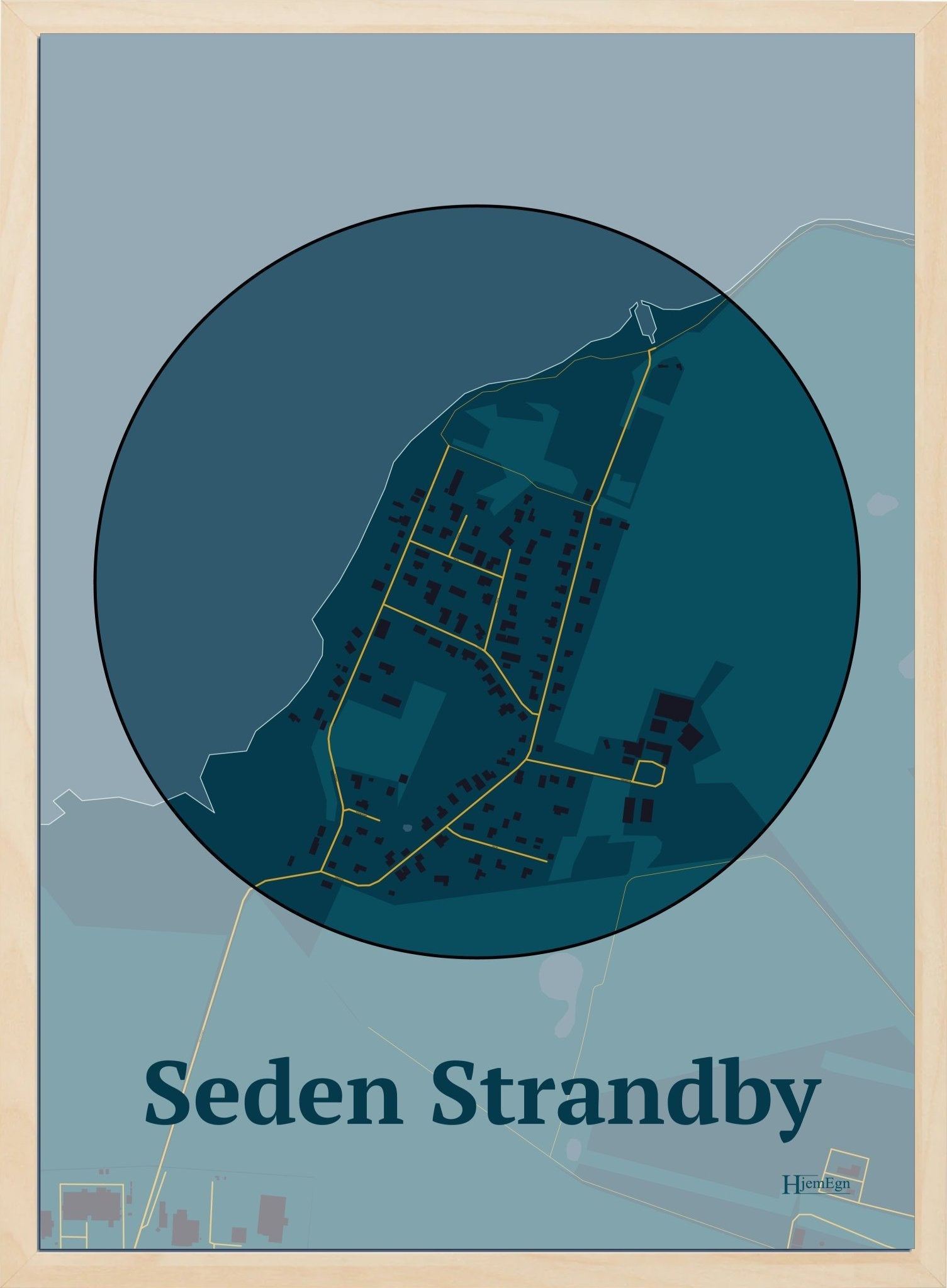 Seden Strandby plakat i farve mørk blå og HjemEgn.dk design centrum. Design bykort for Seden Strandby