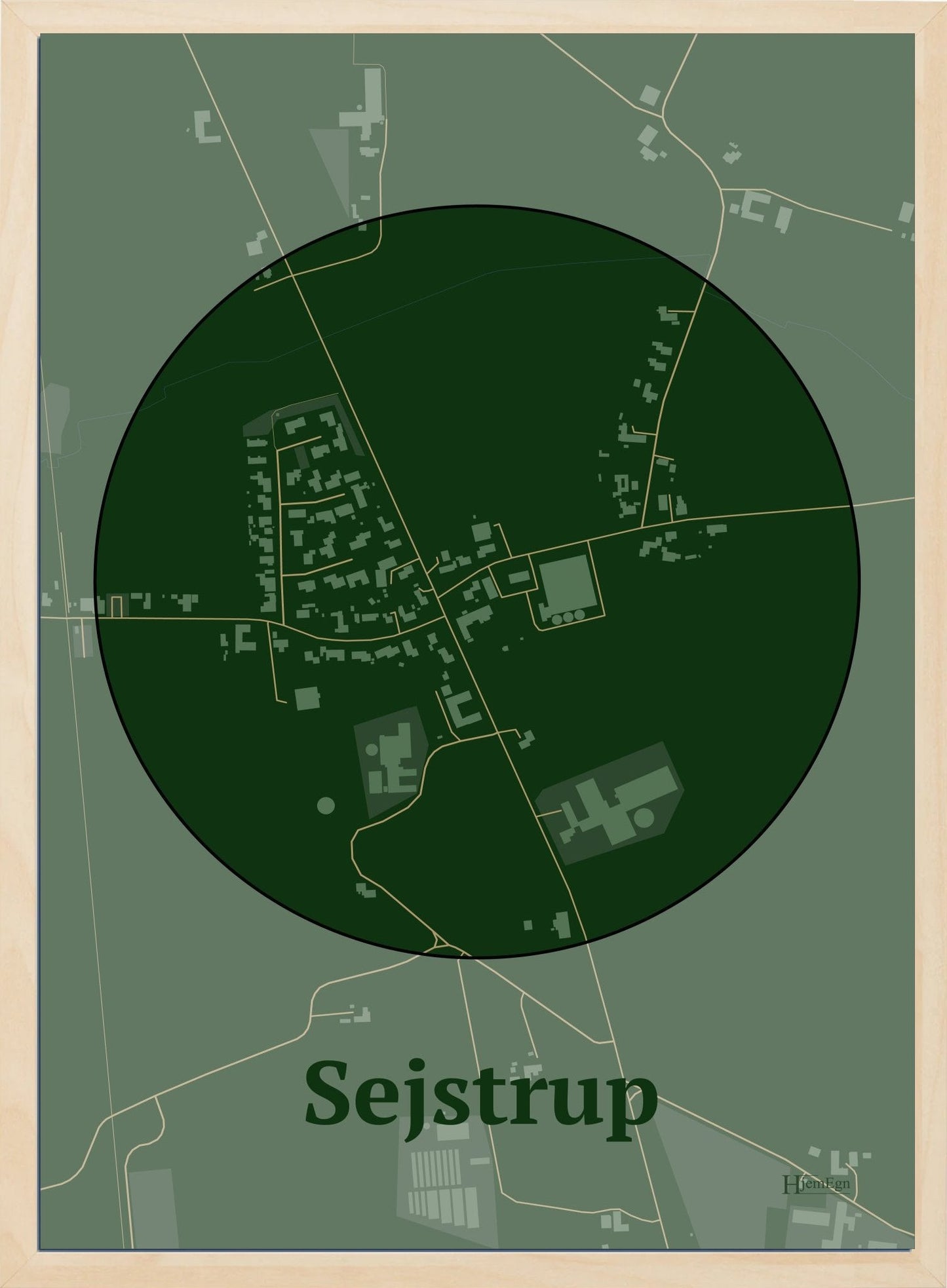 Sejstrup plakat i farve mørk grøn og HjemEgn.dk design centrum. Design bykort for Sejstrup