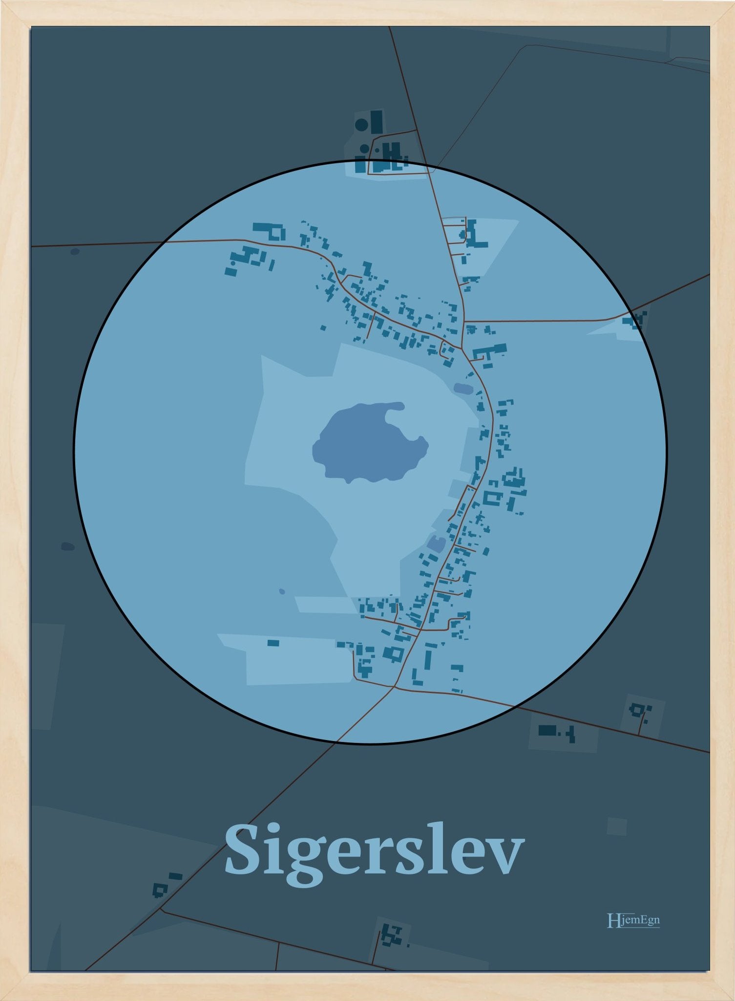 Sigerslev plakat i farve pastel blå og HjemEgn.dk design centrum. Design bykort for Sigerslev