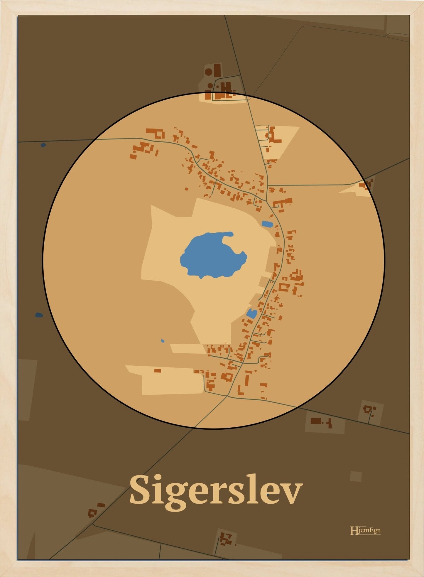 Sigerslev plakat i farve pastel brun og HjemEgn.dk design centrum. Design bykort for Sigerslev
