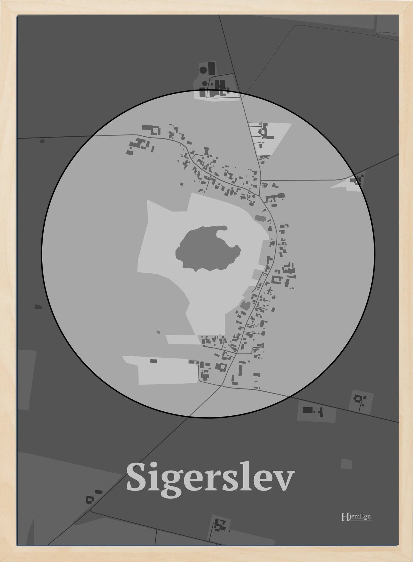 Sigerslev plakat i farve pastel grå og HjemEgn.dk design centrum. Design bykort for Sigerslev
