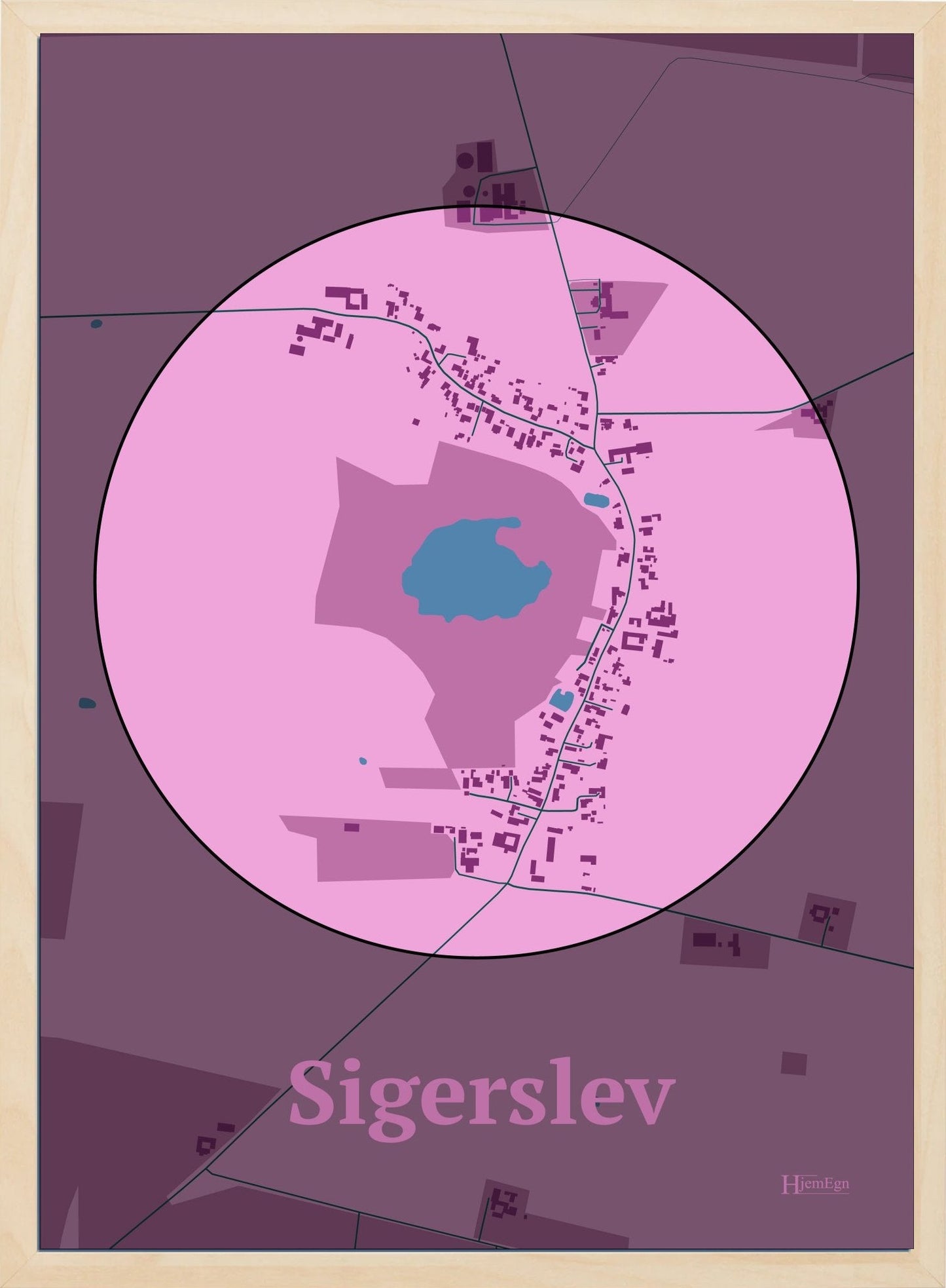 Sigerslev plakat i farve pastel rød og HjemEgn.dk design centrum. Design bykort for Sigerslev