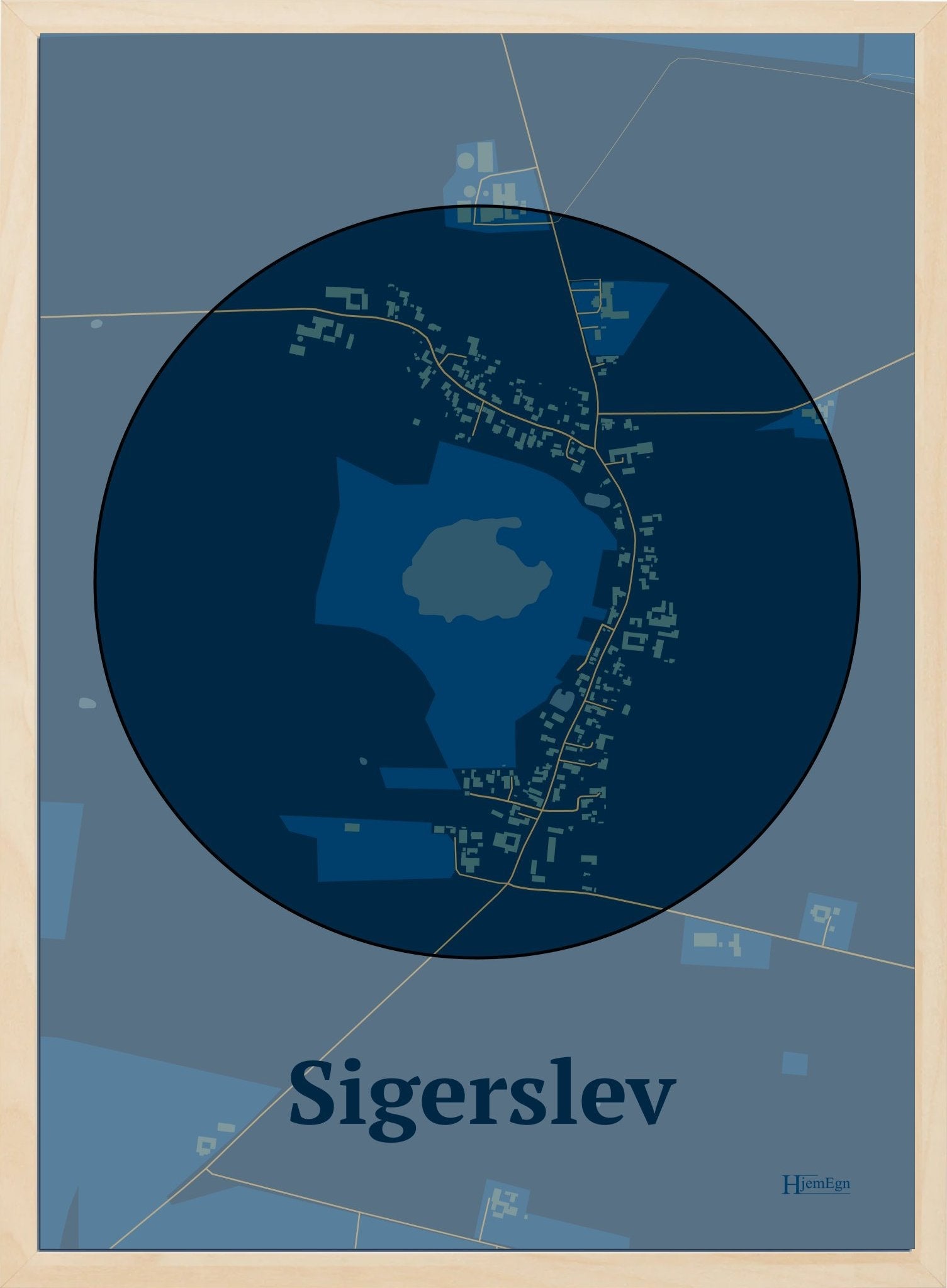 Sigerslev plakat i farve mørk blå og HjemEgn.dk design centrum. Design bykort for Sigerslev