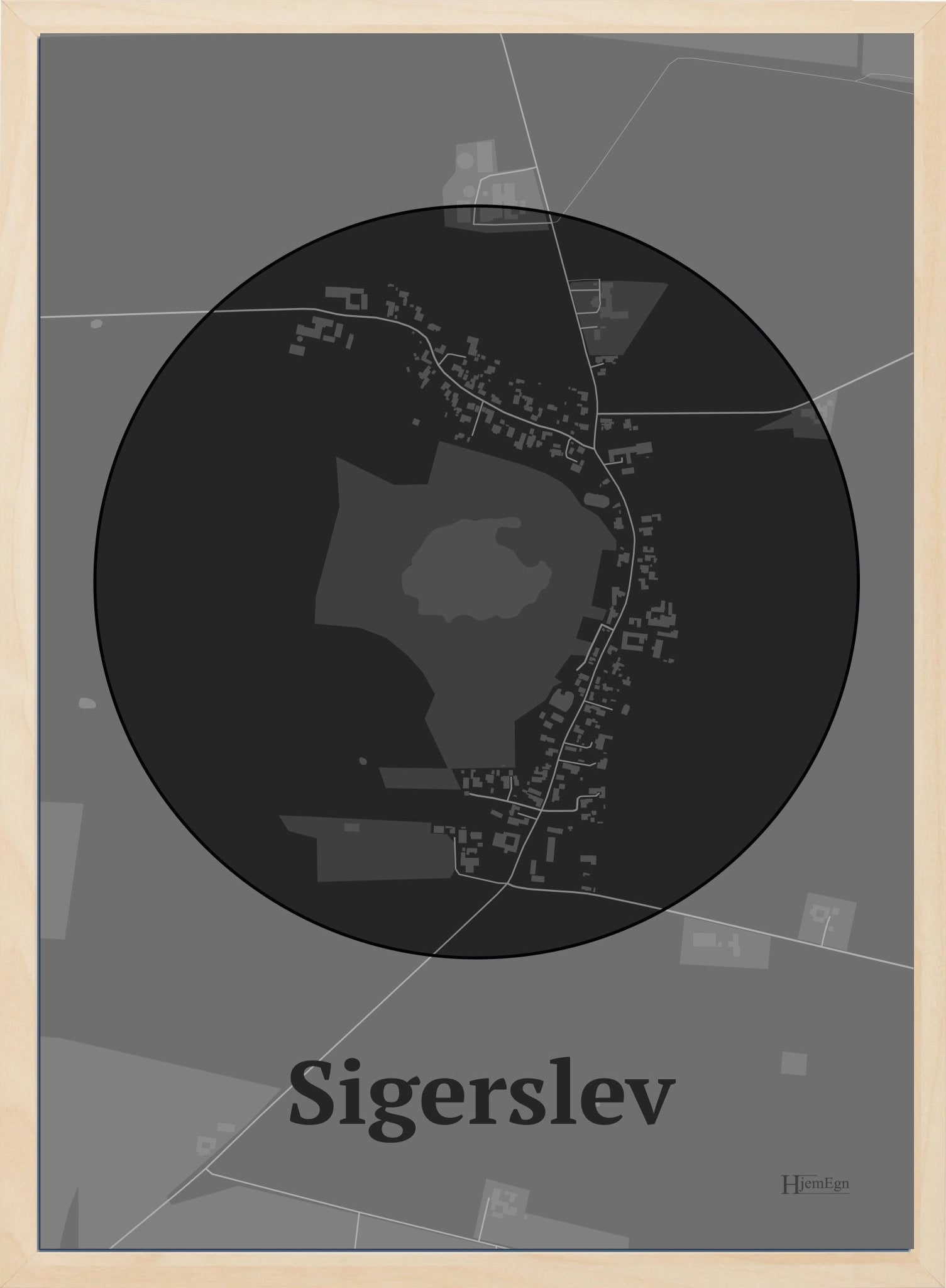 Sigerslev plakat i farve mørk grå og HjemEgn.dk design centrum. Design bykort for Sigerslev