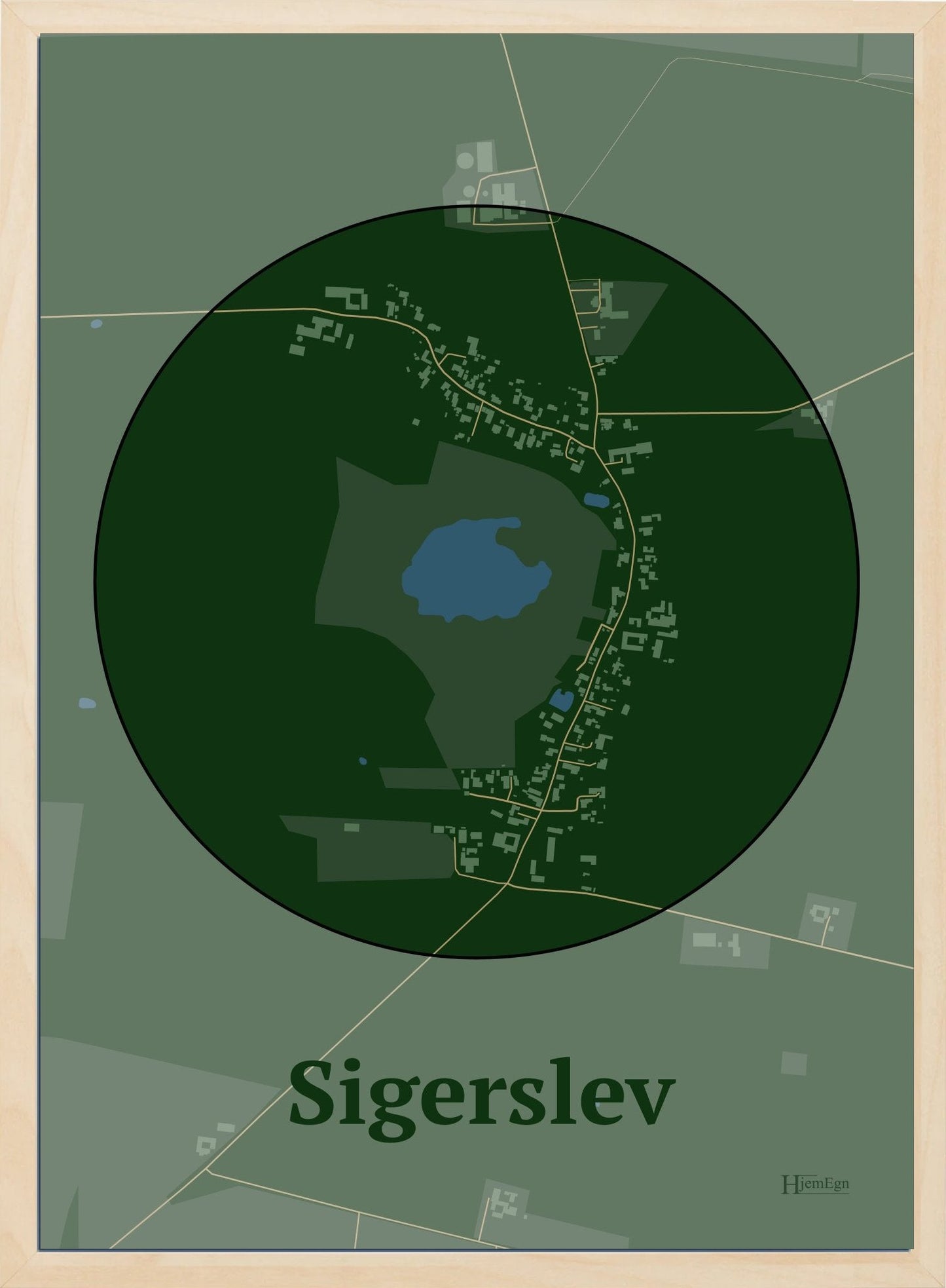 Sigerslev plakat i farve mørk grøn og HjemEgn.dk design centrum. Design bykort for Sigerslev