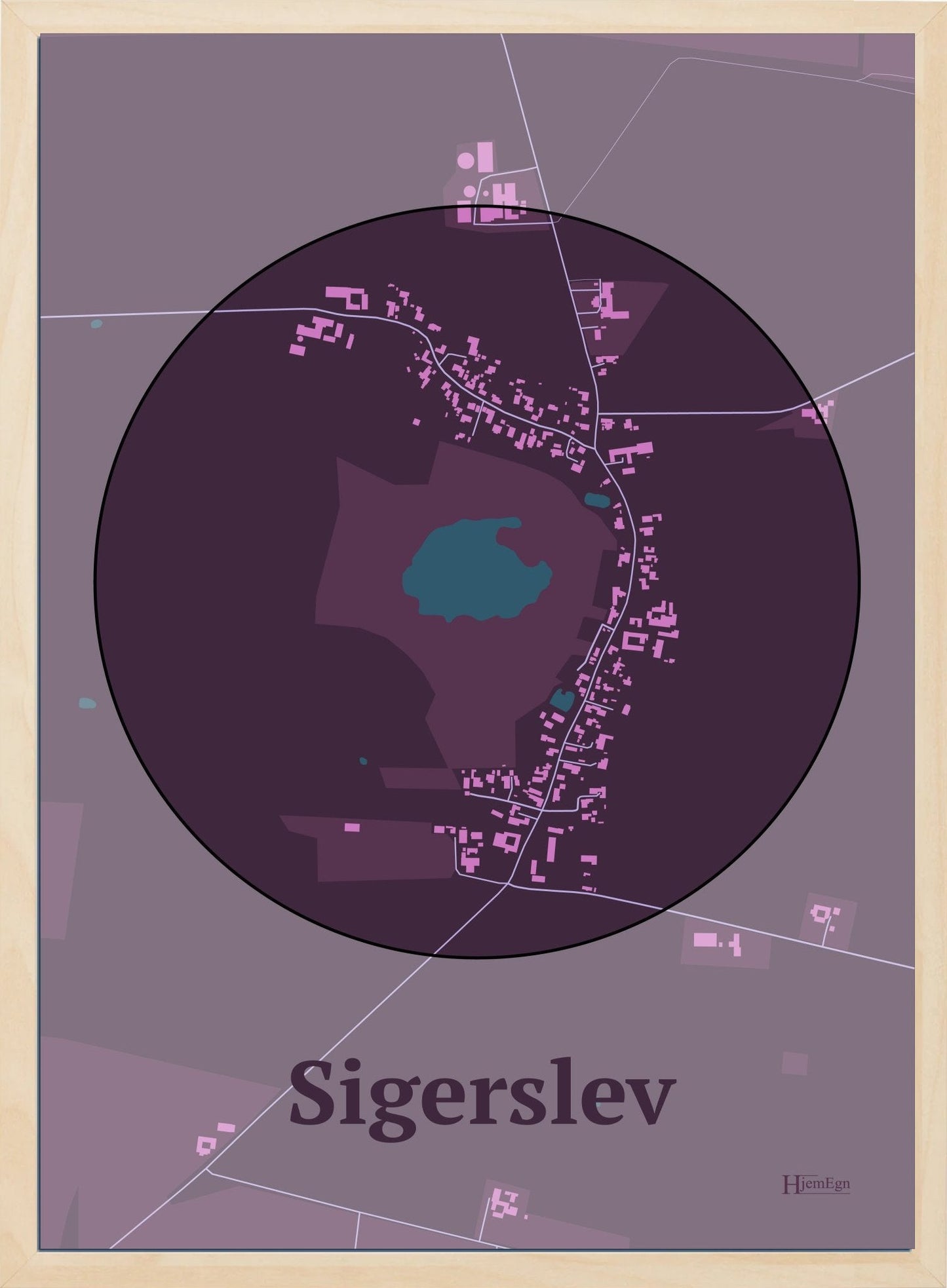 Sigerslev plakat i farve mørk rød og HjemEgn.dk design centrum. Design bykort for Sigerslev