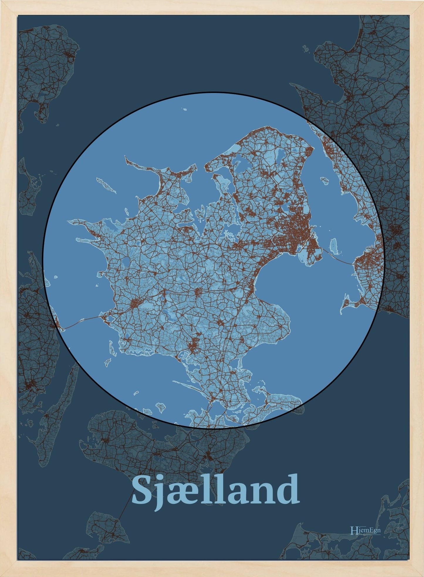 Sjælland plakat i farve pastel blå og HjemEgn.dk design centrum. Design bykort for Sjælland