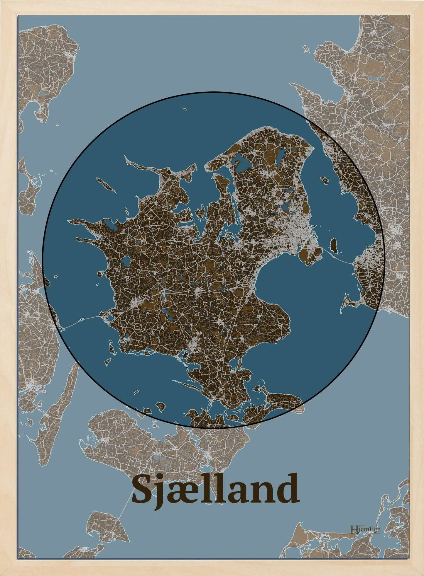 Sjælland plakat i farve mørk brun og HjemEgn.dk design centrum. Design bykort for Sjælland