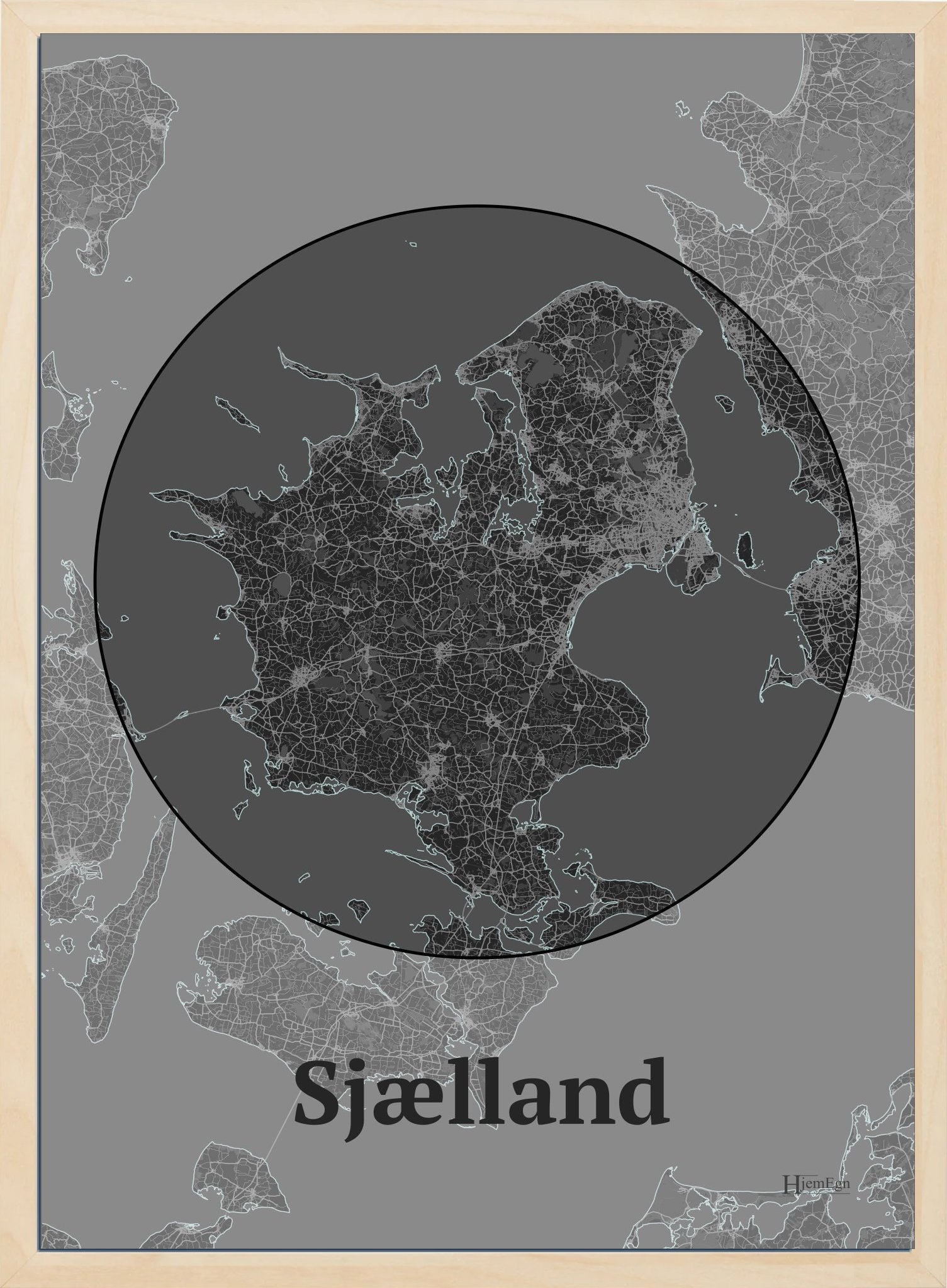 Sjælland plakat i farve mørk grå og HjemEgn.dk design centrum. Design bykort for Sjælland