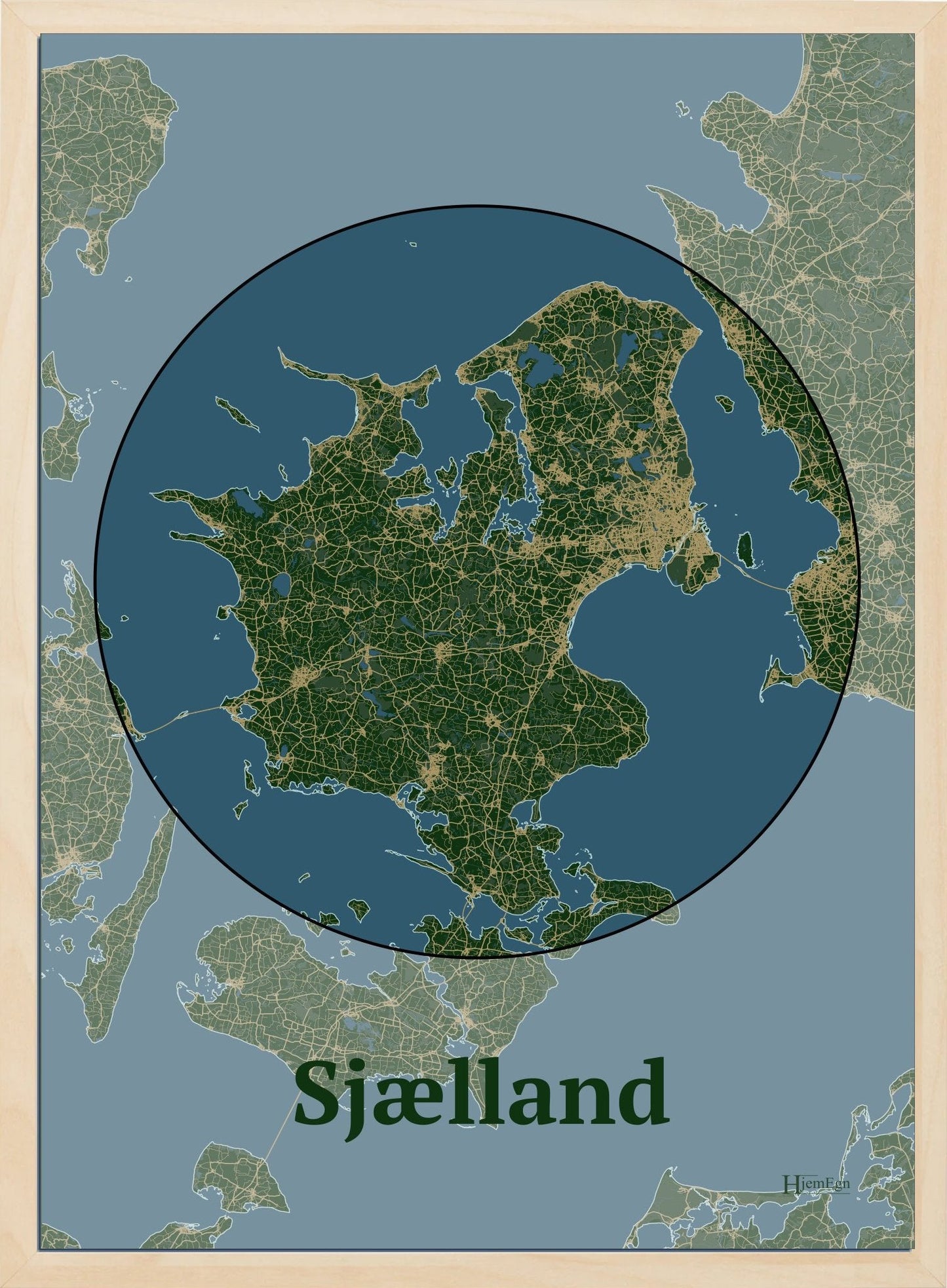 Sjælland plakat i farve mørk grøn og HjemEgn.dk design centrum. Design bykort for Sjælland