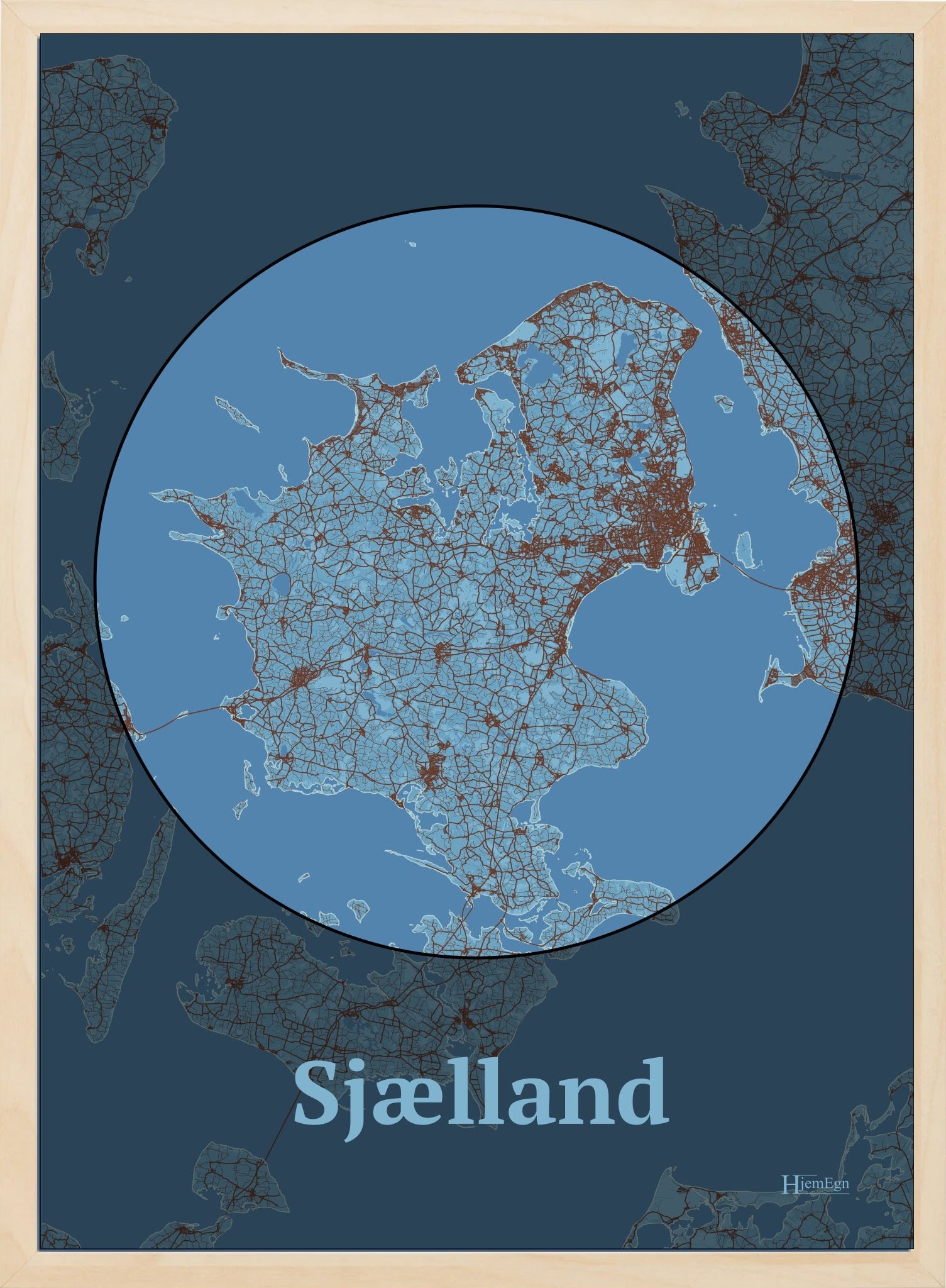 Sjælland plakat i farve pastel blå og HjemEgn.dk design centrum. Design ø-kort for Sjælland