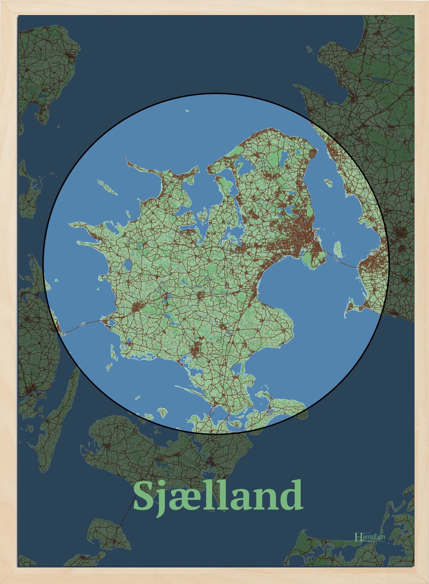 Sjælland plakat i farve pastel grøn og HjemEgn.dk design centrum. Design ø-kort for Sjælland