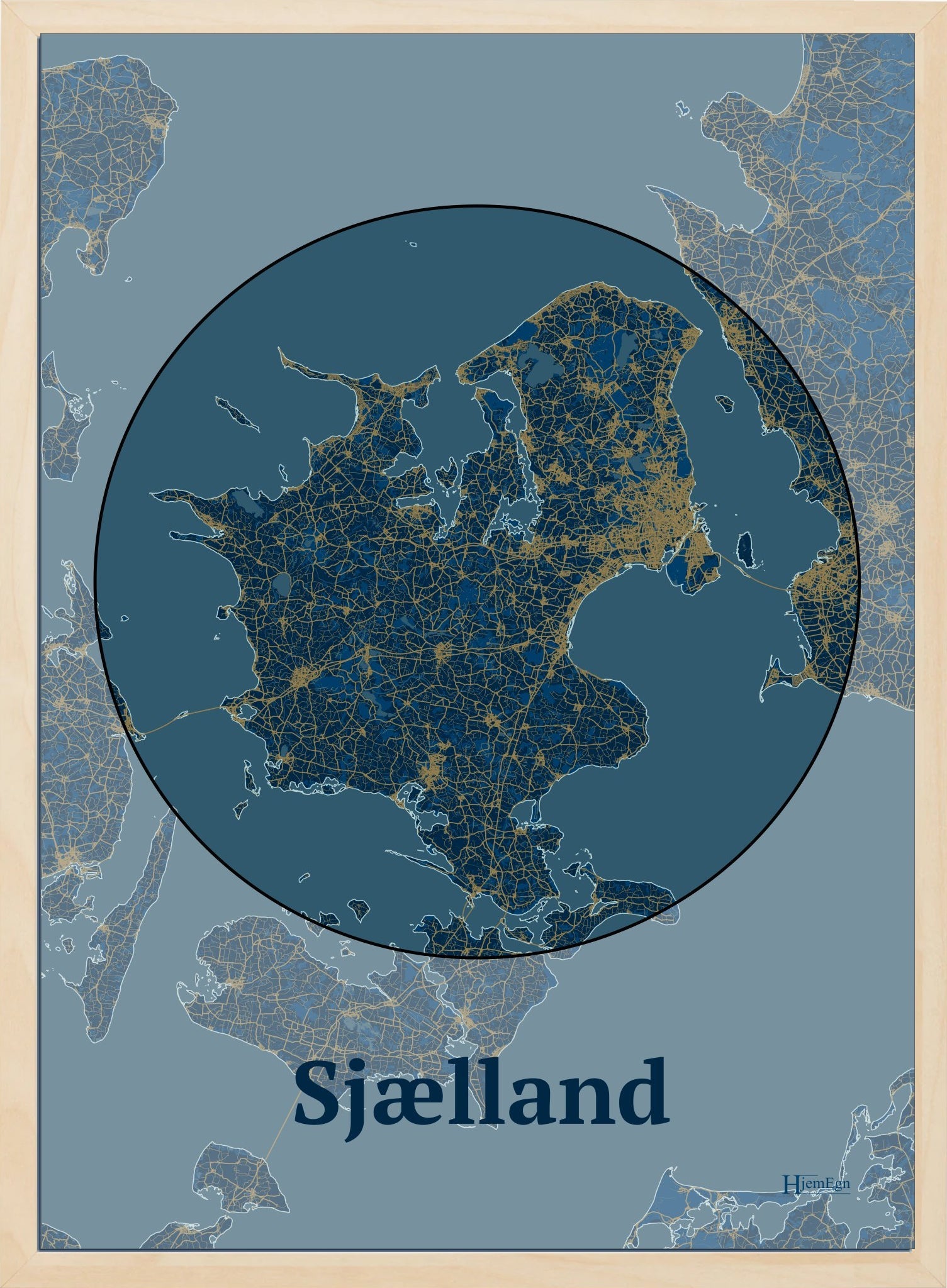 Sjælland plakat i farve mørk blå og HjemEgn.dk design centrum. Design ø-kort for Sjælland