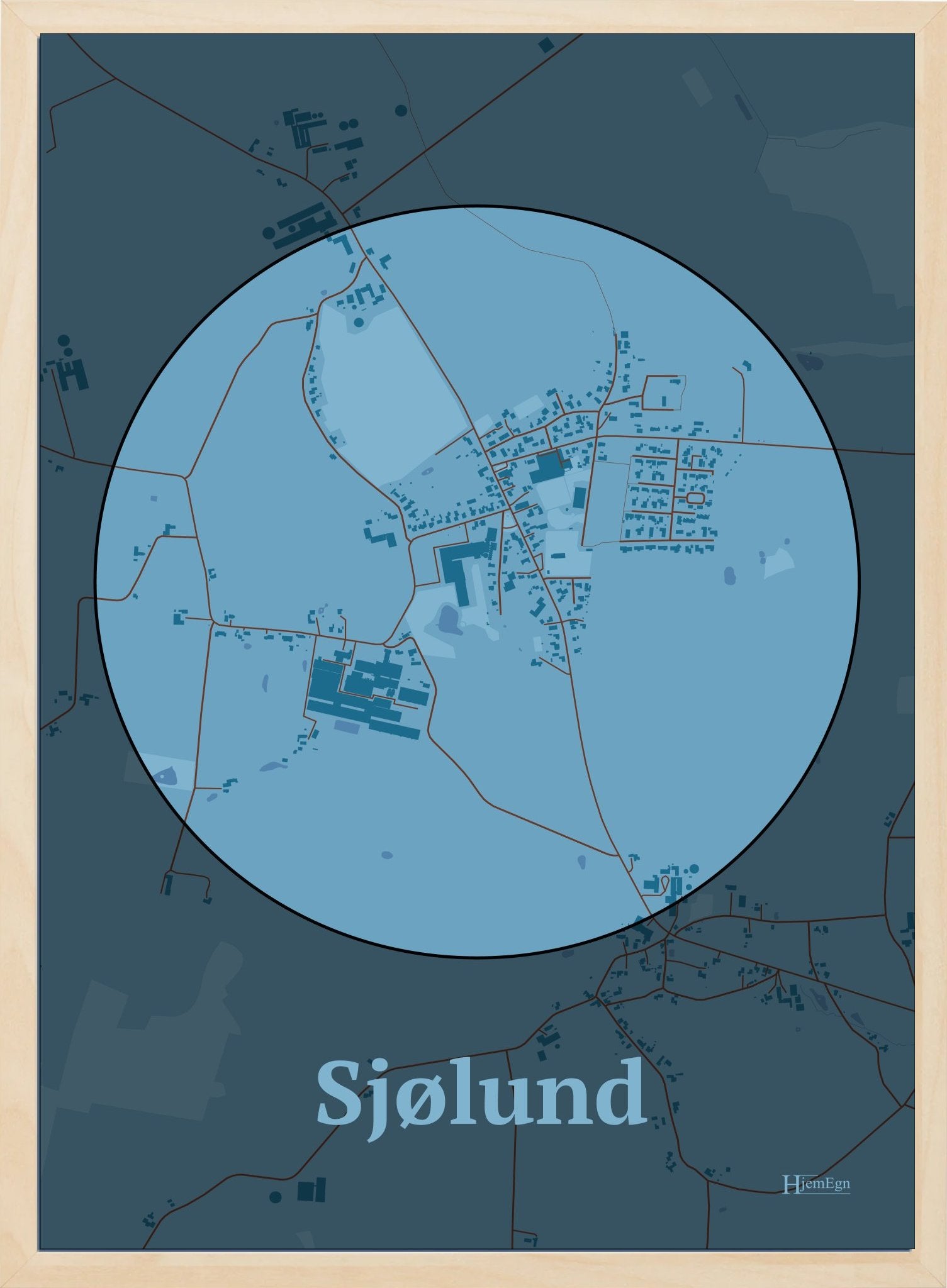 Sjølund plakat i farve pastel blå og HjemEgn.dk design centrum. Design bykort for Sjølund