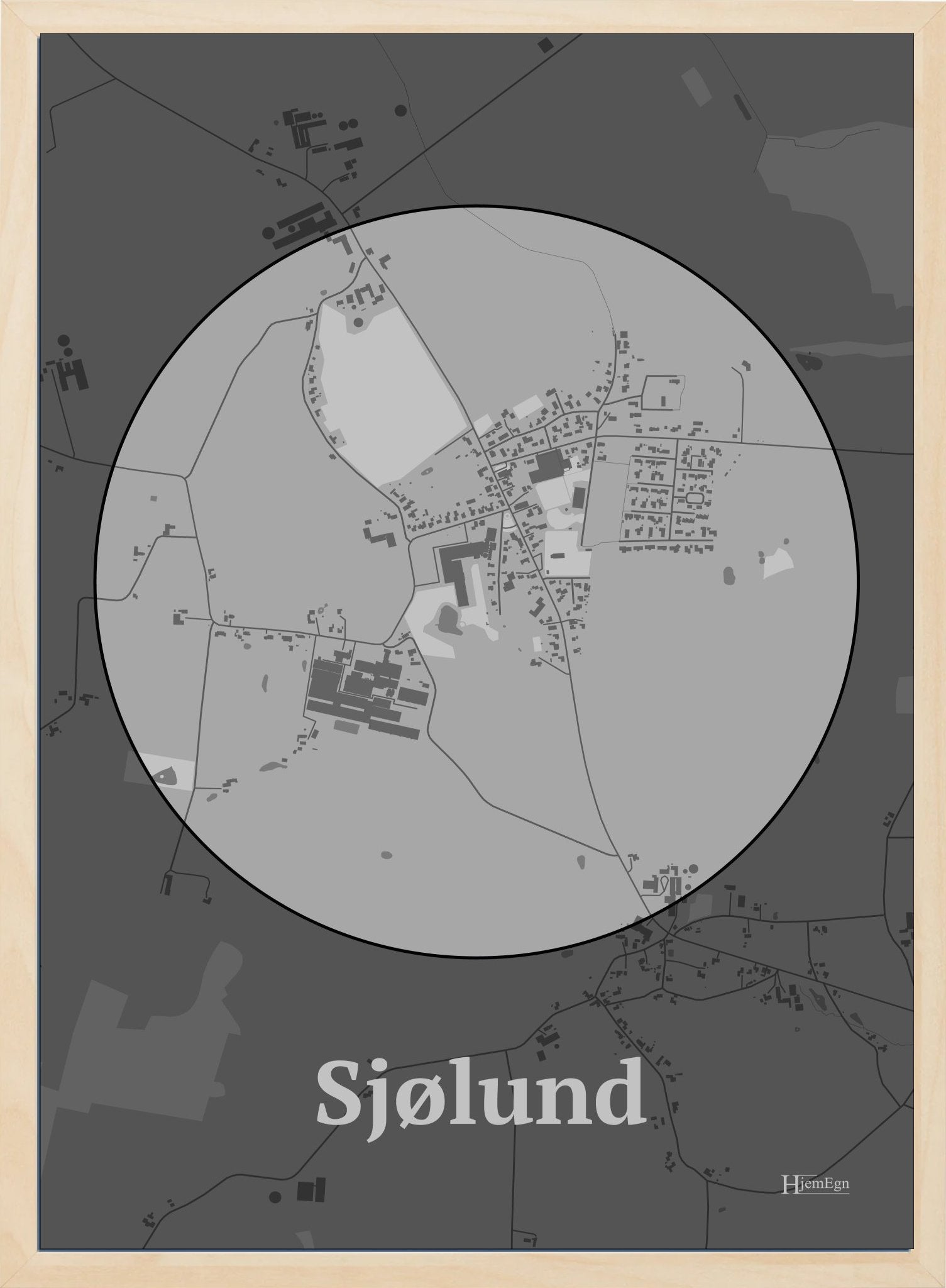 Sjølund plakat i farve pastel grå og HjemEgn.dk design centrum. Design bykort for Sjølund