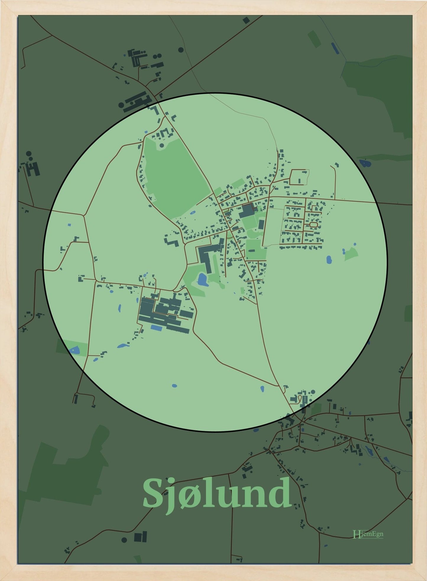 Sjølund plakat i farve pastel grøn og HjemEgn.dk design centrum. Design bykort for Sjølund