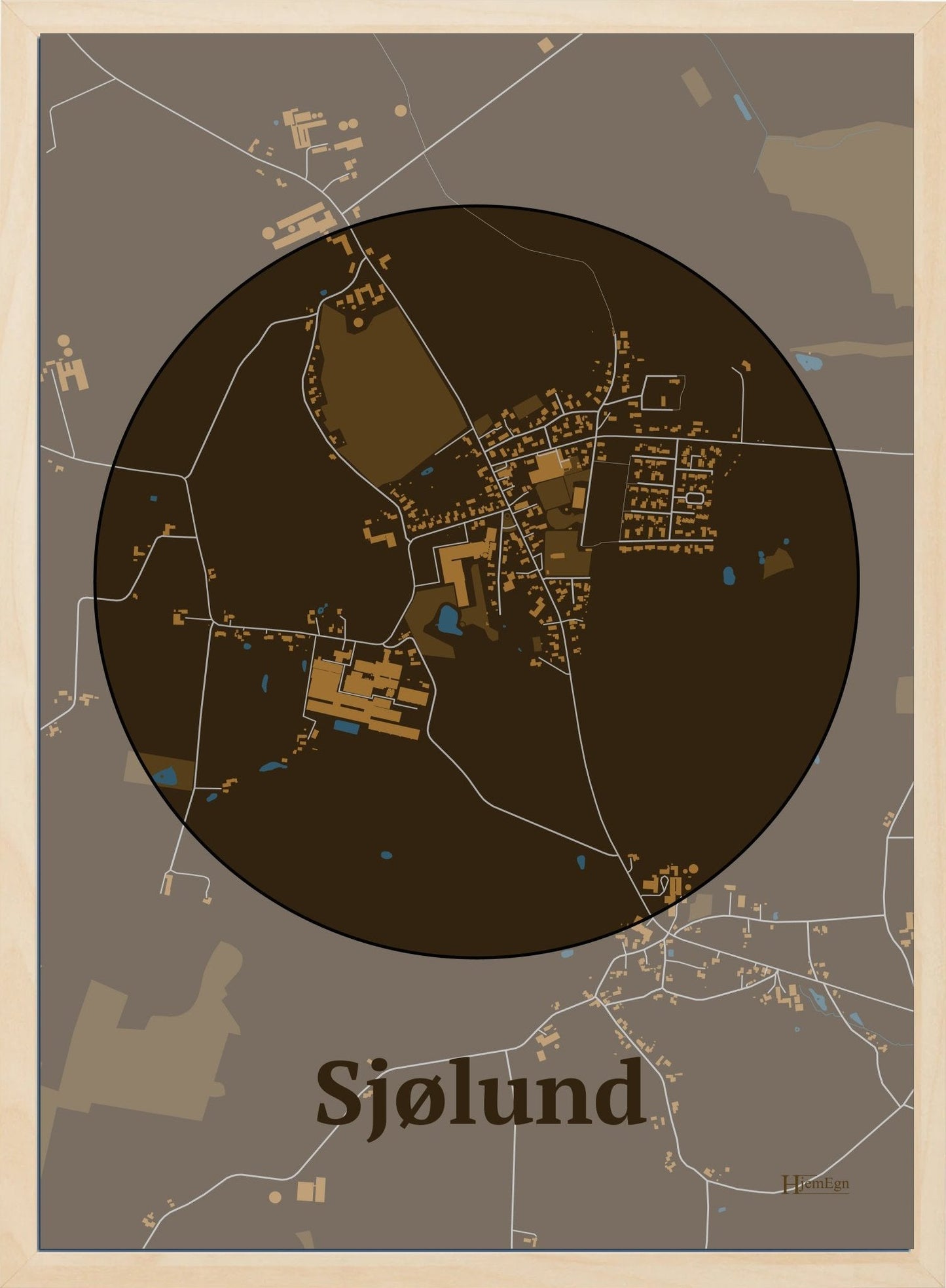 Sjølund plakat i farve mørk brun og HjemEgn.dk design centrum. Design bykort for Sjølund