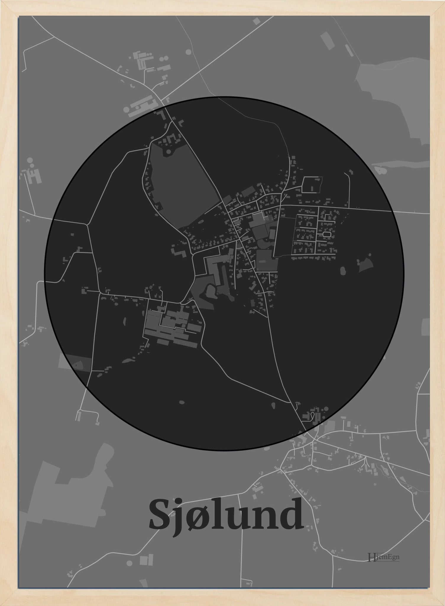 Sjølund plakat i farve mørk grå og HjemEgn.dk design centrum. Design bykort for Sjølund
