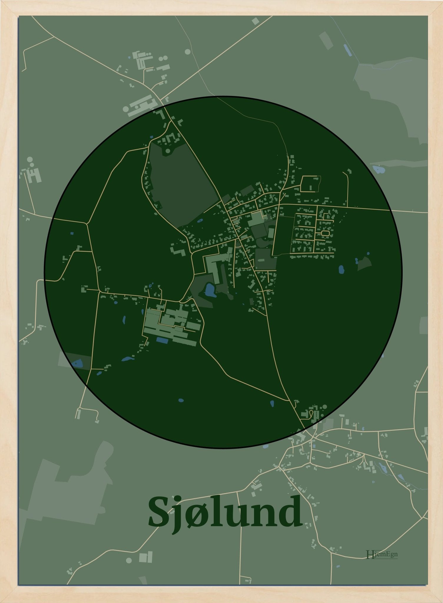 Sjølund plakat i farve mørk grøn og HjemEgn.dk design centrum. Design bykort for Sjølund