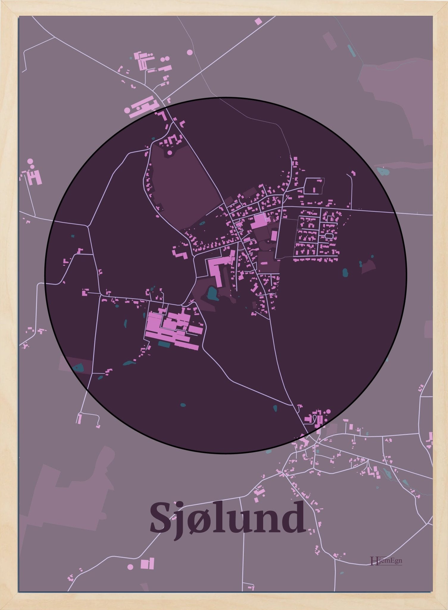 Sjølund plakat i farve mørk rød og HjemEgn.dk design centrum. Design bykort for Sjølund