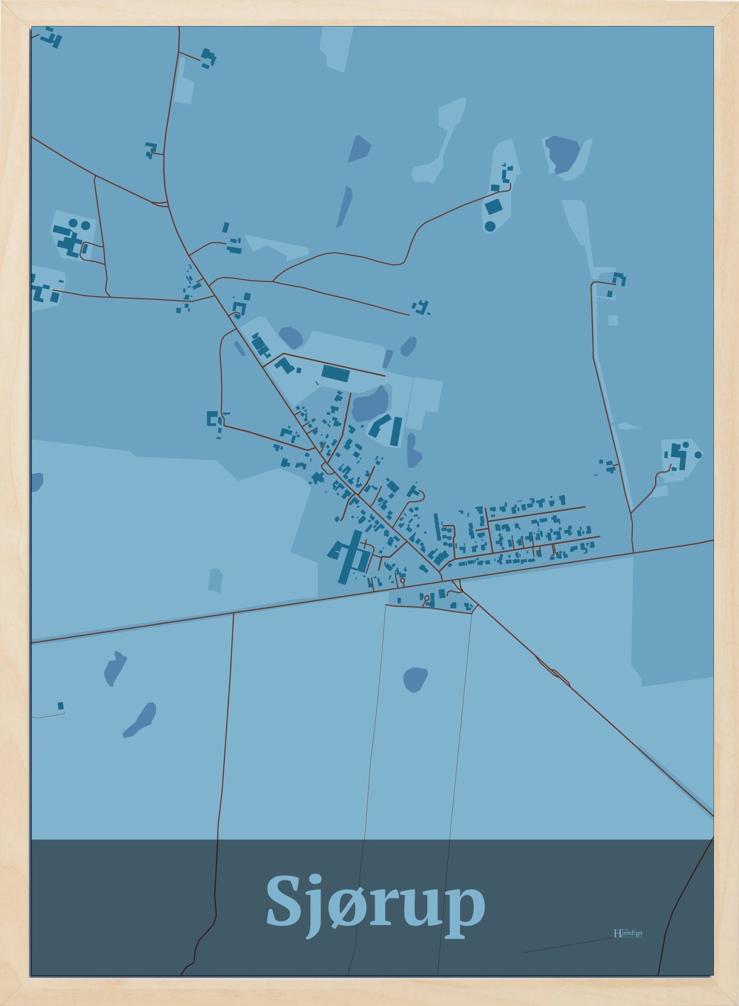 Sjørup plakat i farve pastel blå og HjemEgn.dk design firkantet. Design bykort for Sjørup