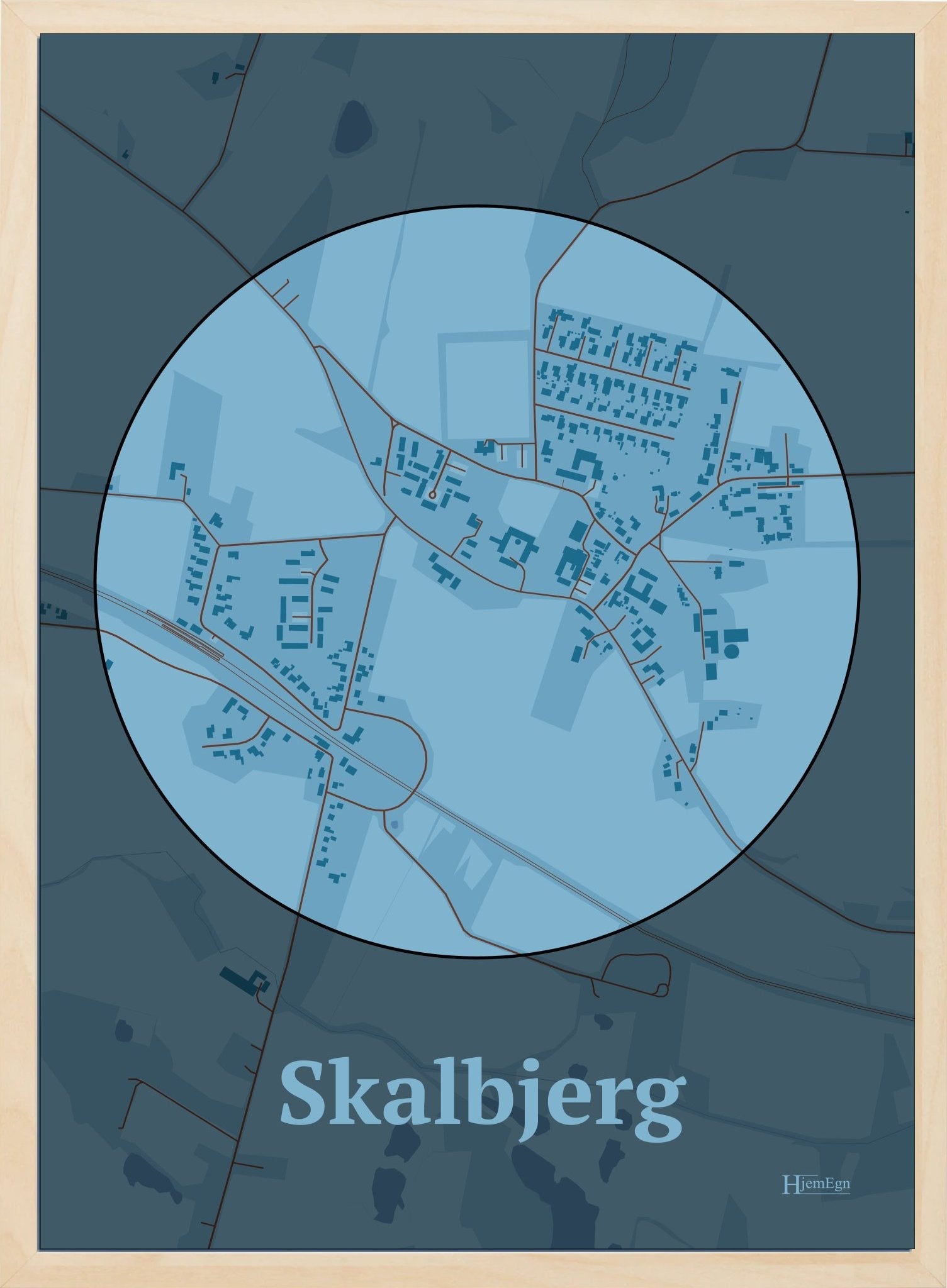 Skalbjerg plakat i farve pastel blå og HjemEgn.dk design centrum. Design bykort for Skalbjerg