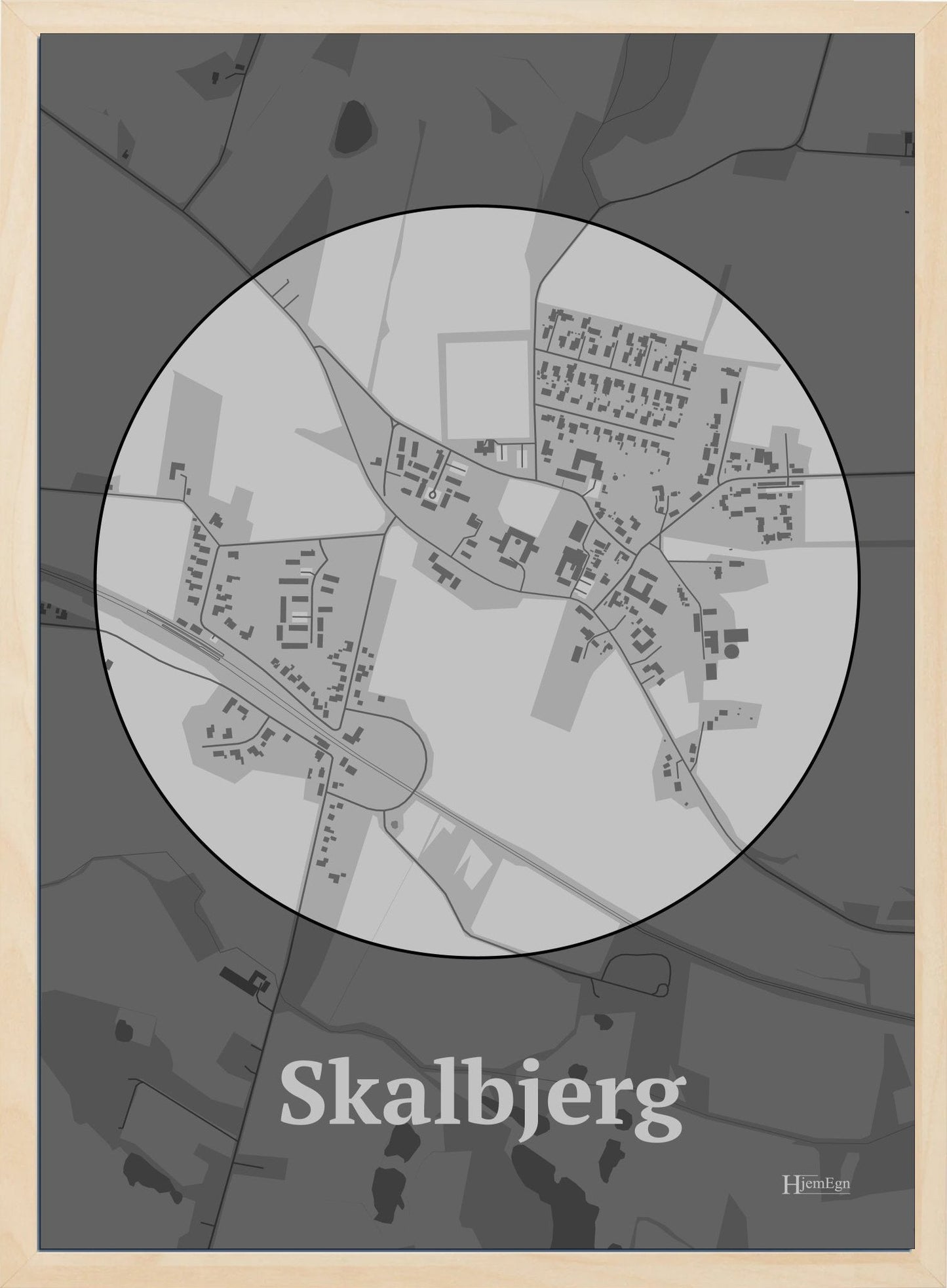 Skalbjerg plakat i farve pastel grå og HjemEgn.dk design centrum. Design bykort for Skalbjerg