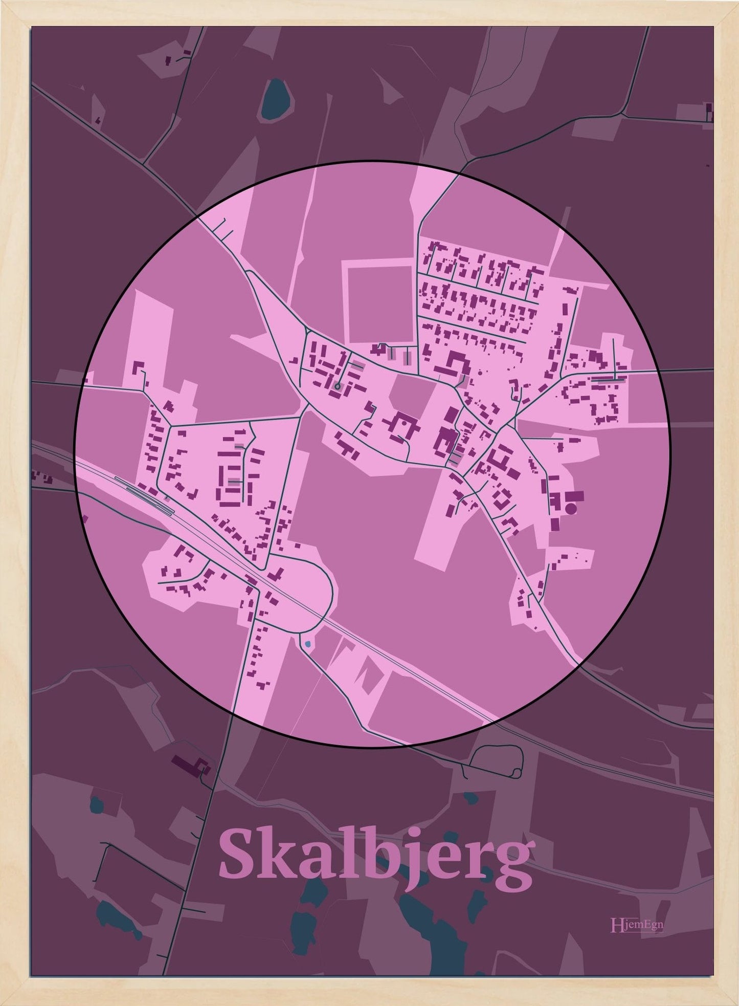Skalbjerg plakat i farve pastel rød og HjemEgn.dk design centrum. Design bykort for Skalbjerg