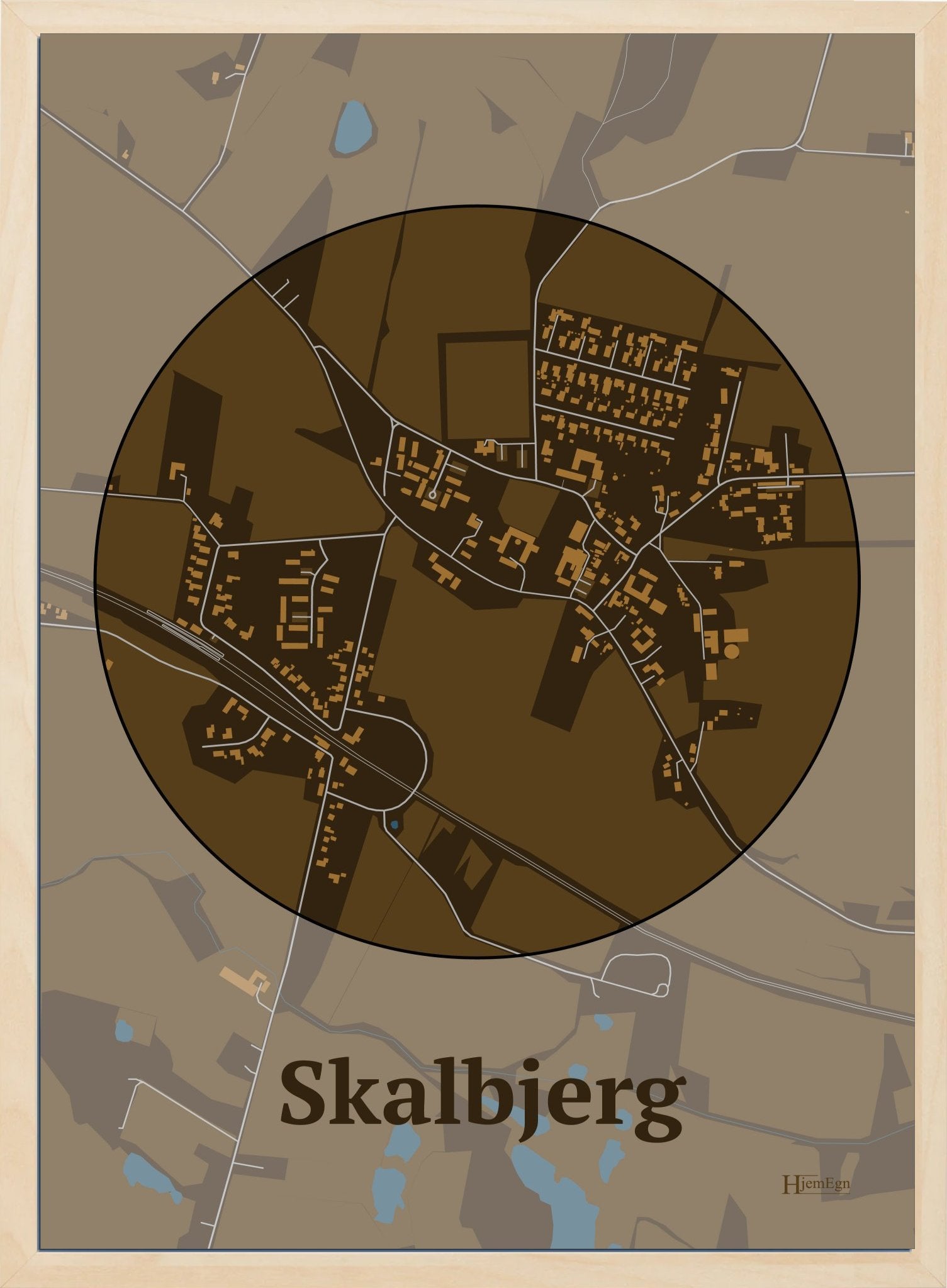 Skalbjerg plakat i farve mørk brun og HjemEgn.dk design centrum. Design bykort for Skalbjerg
