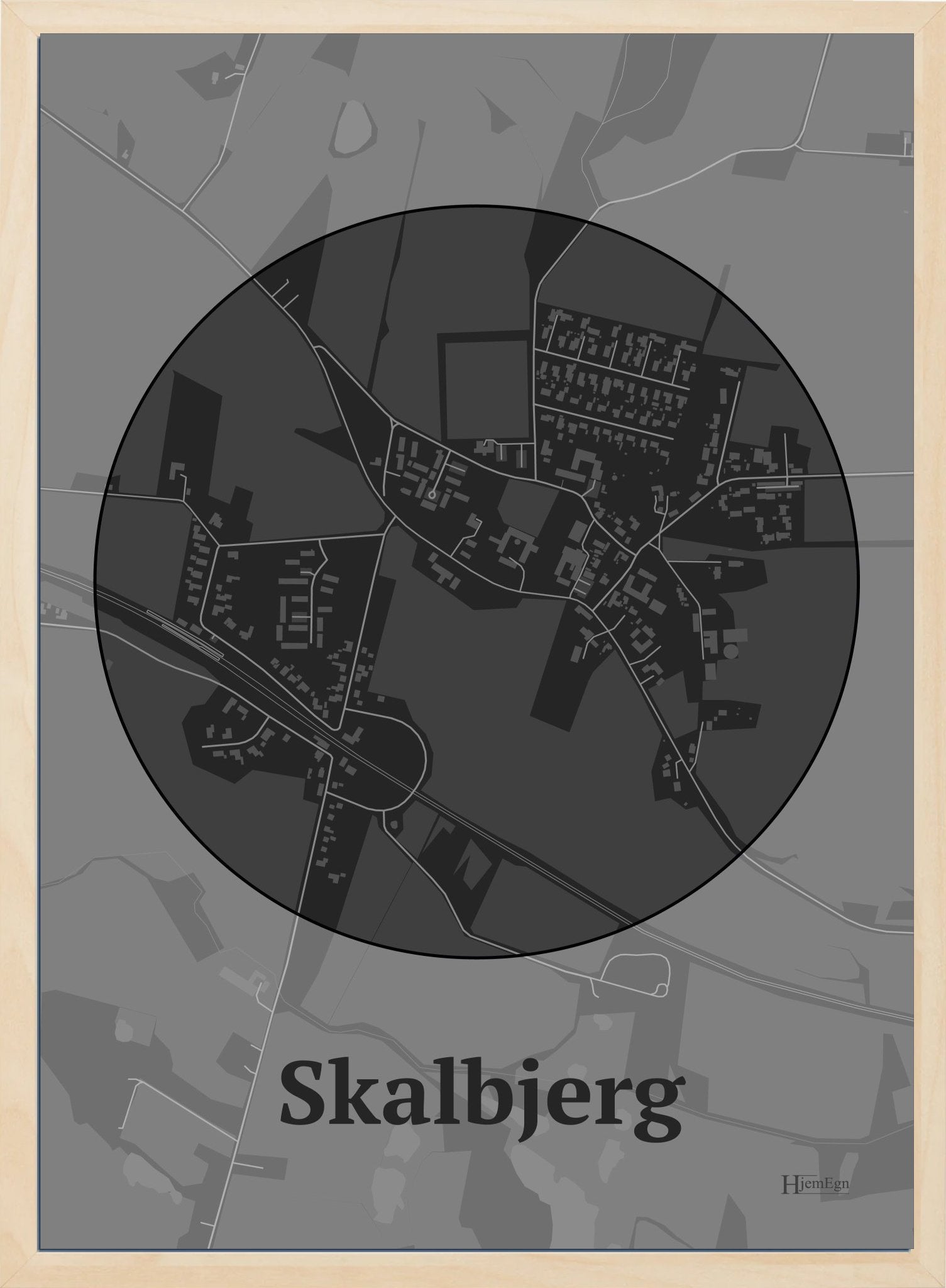 Skalbjerg plakat i farve mørk grå og HjemEgn.dk design centrum. Design bykort for Skalbjerg