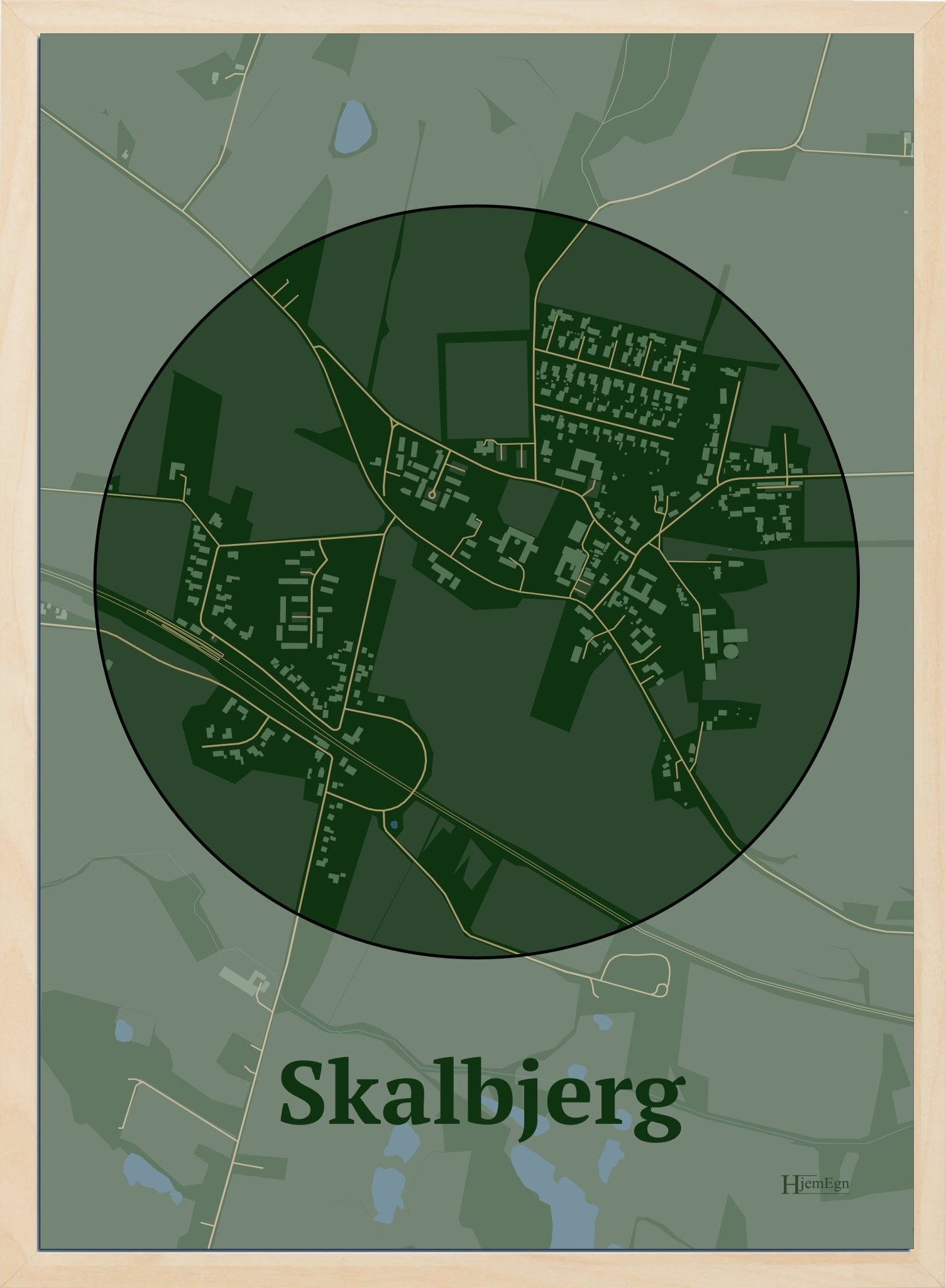 Skalbjerg plakat i farve mørk grøn og HjemEgn.dk design centrum. Design bykort for Skalbjerg