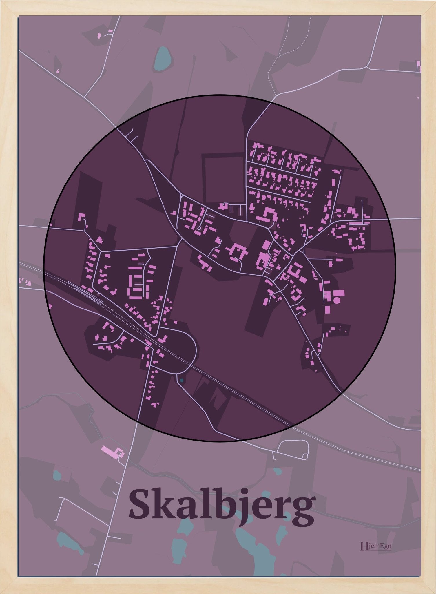 Skalbjerg plakat i farve mørk rød og HjemEgn.dk design centrum. Design bykort for Skalbjerg