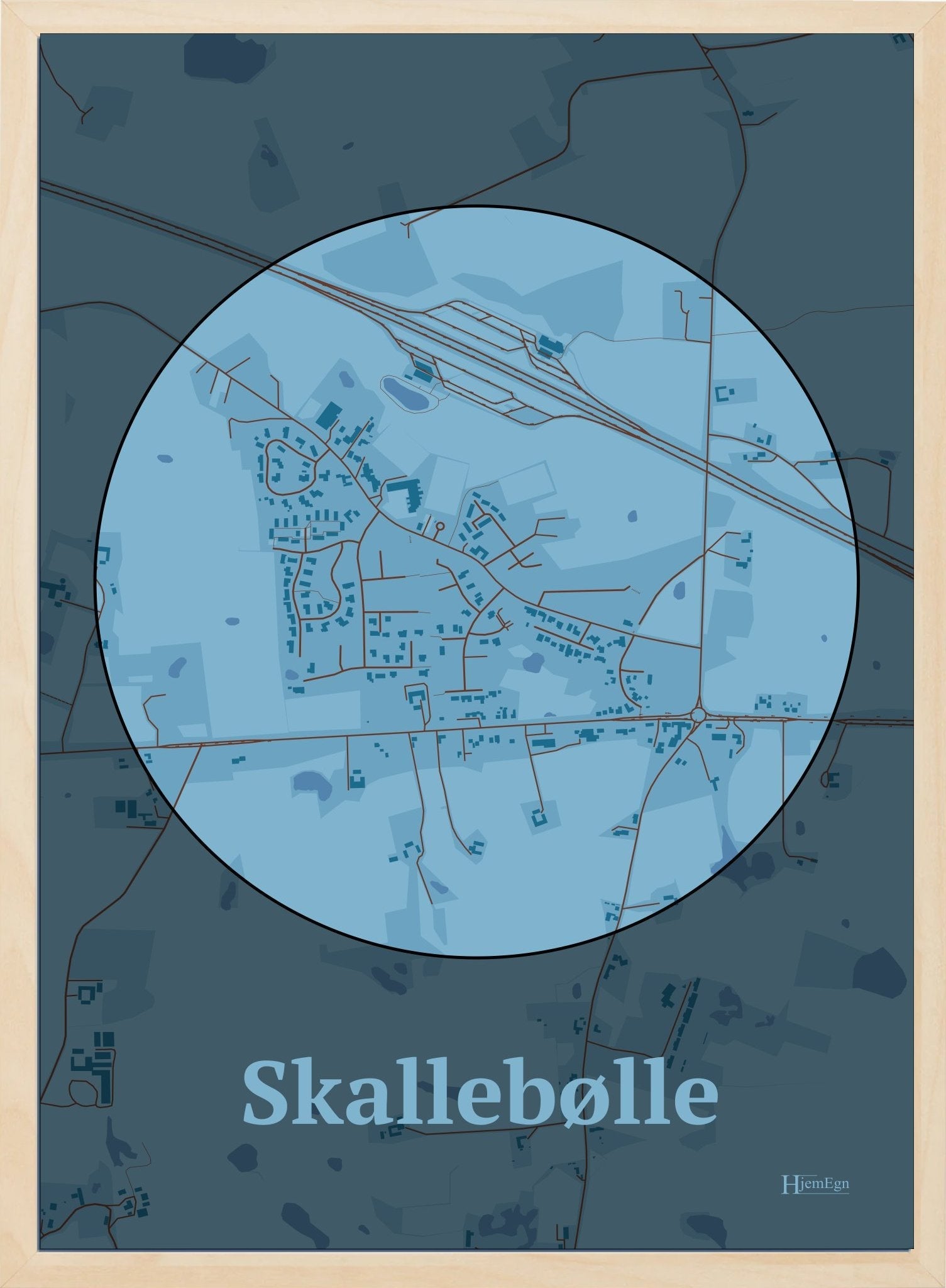 Skallebølle plakat i farve pastel blå og HjemEgn.dk design centrum. Design bykort for Skallebølle