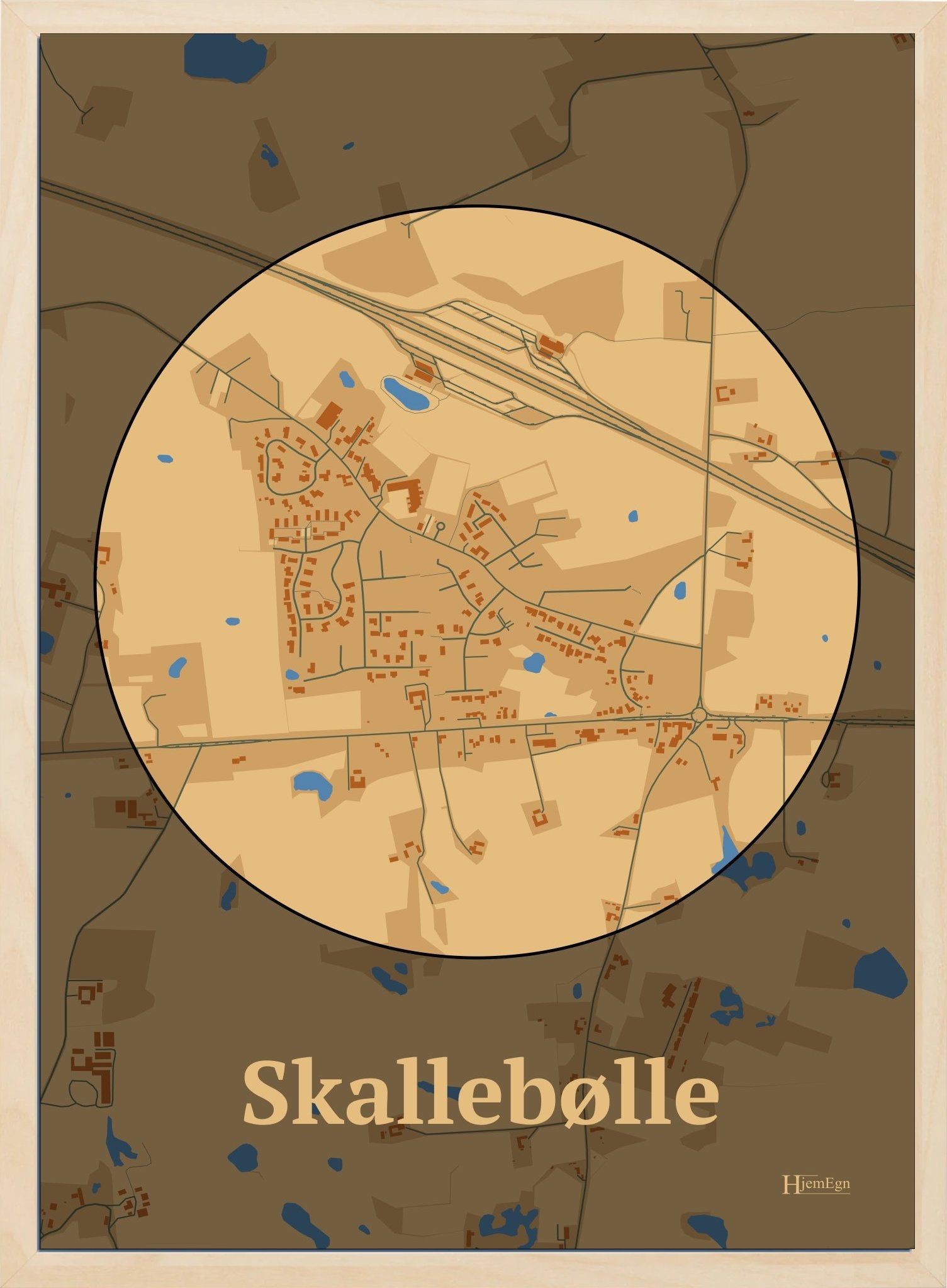 Skallebølle plakat i farve pastel brun og HjemEgn.dk design centrum. Design bykort for Skallebølle