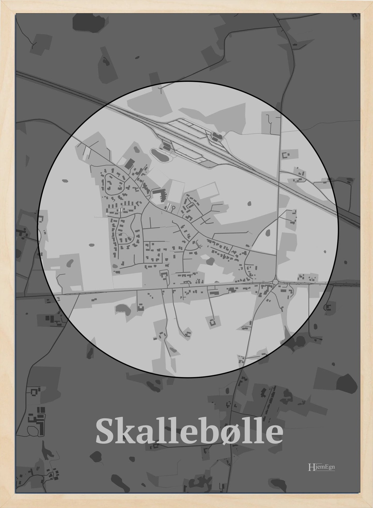 Skallebølle plakat i farve pastel grå og HjemEgn.dk design centrum. Design bykort for Skallebølle