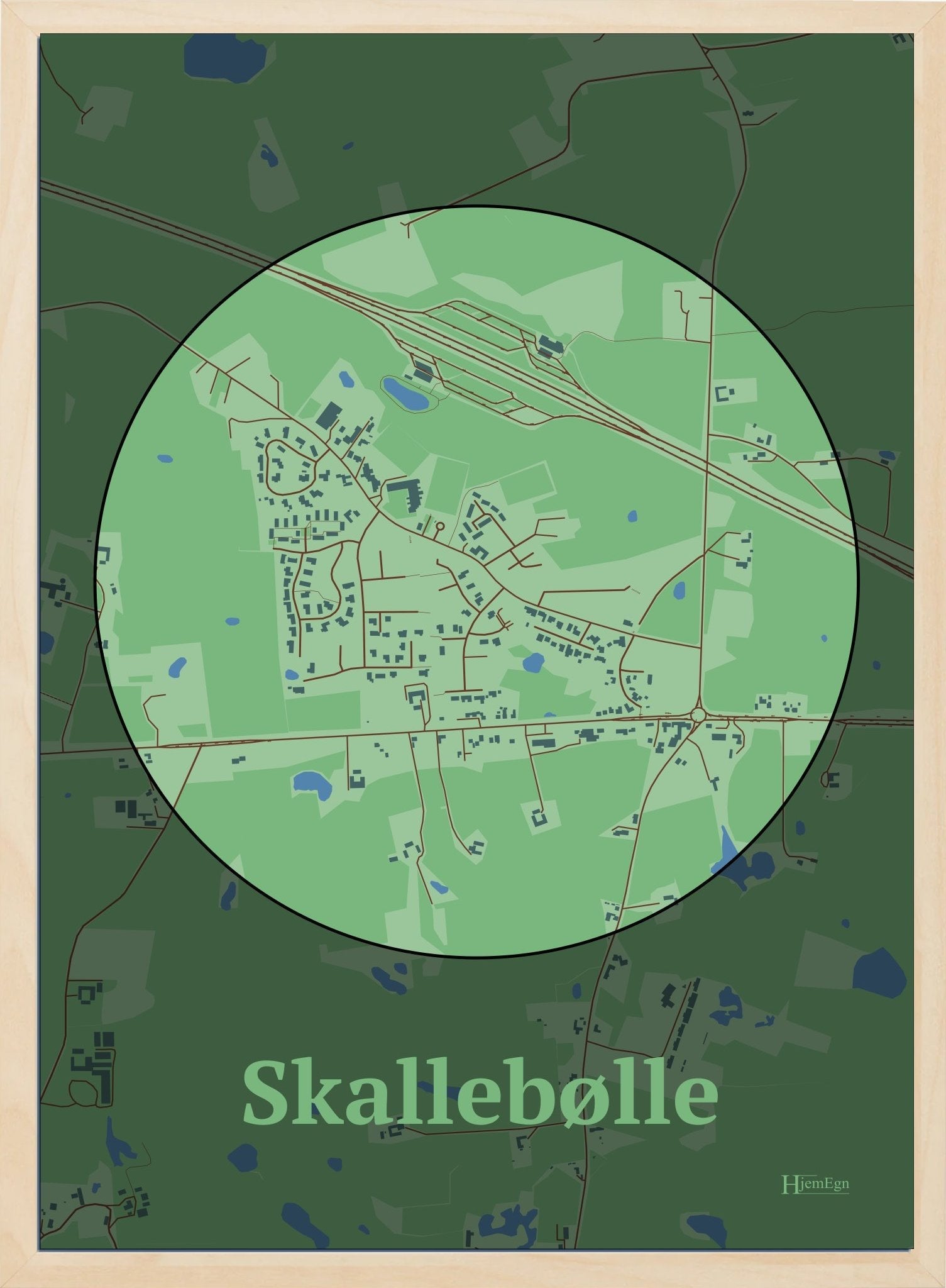 Skallebølle plakat i farve pastel grøn og HjemEgn.dk design centrum. Design bykort for Skallebølle