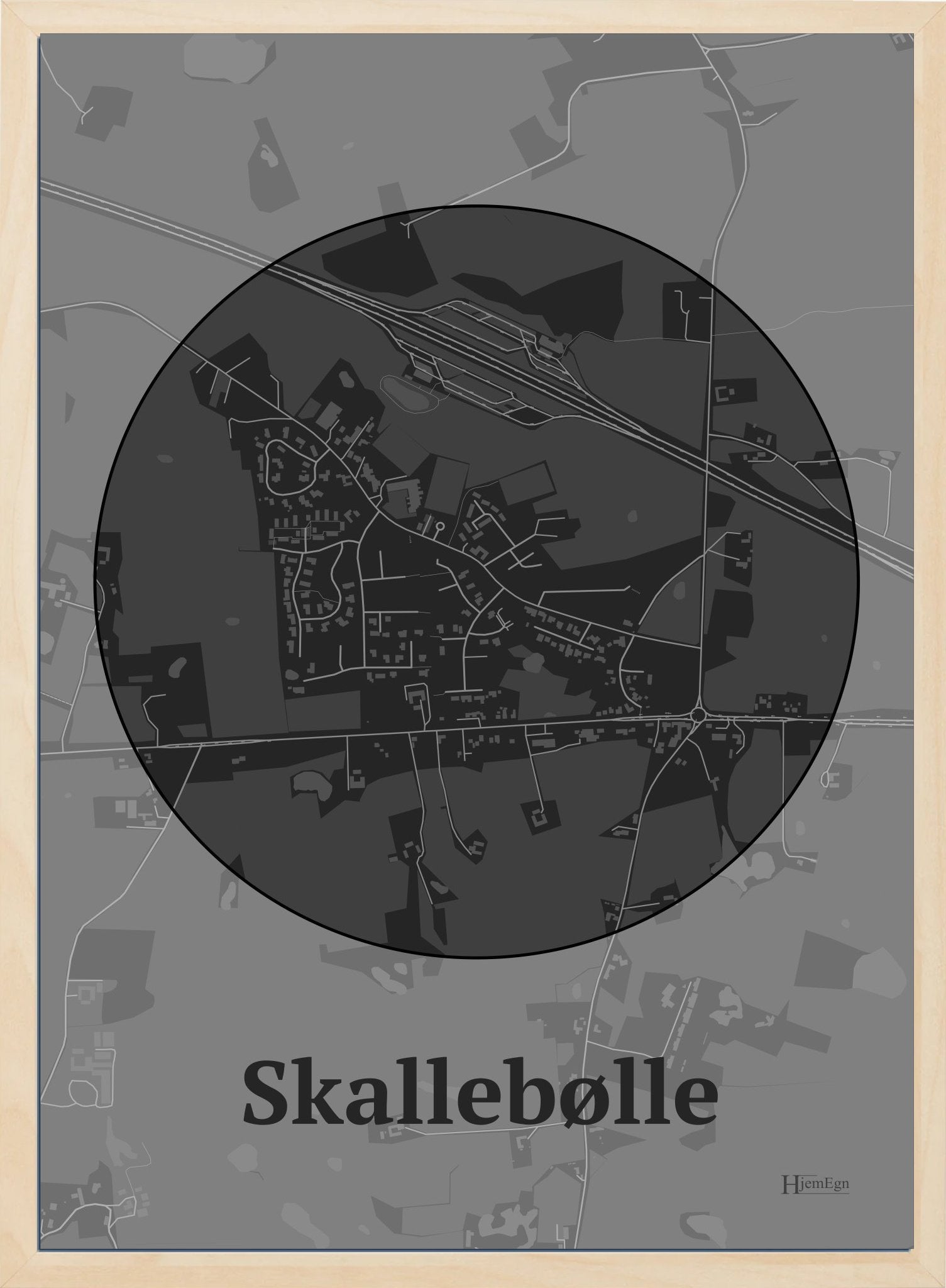 Skallebølle plakat i farve mørk grå og HjemEgn.dk design centrum. Design bykort for Skallebølle