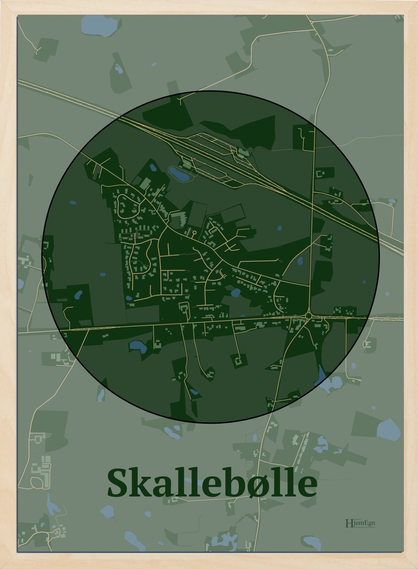 Skallebølle plakat i farve mørk grøn og HjemEgn.dk design centrum. Design bykort for Skallebølle